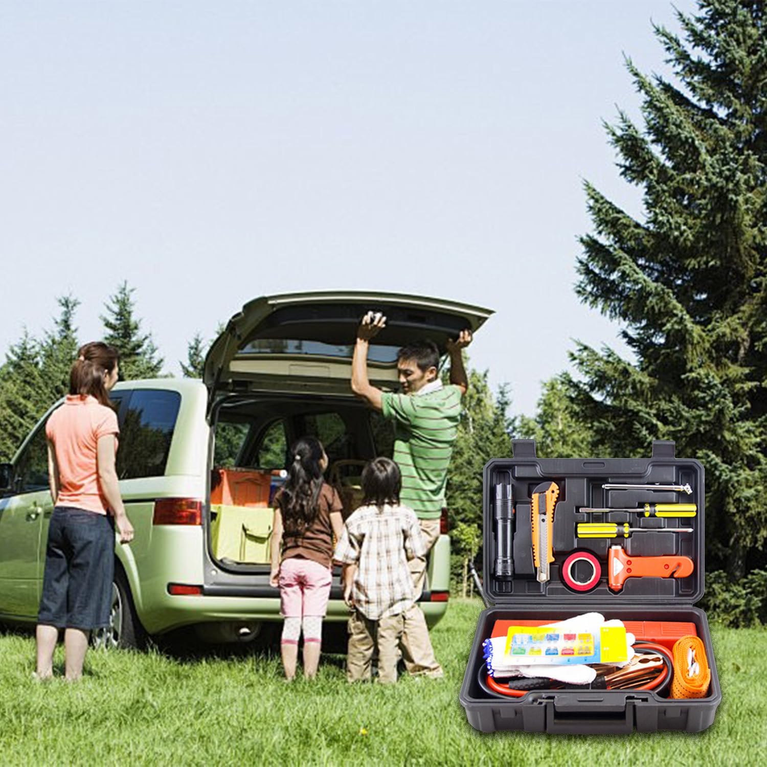 Car Emergency Kit with Jumper Cables and Safety Tools