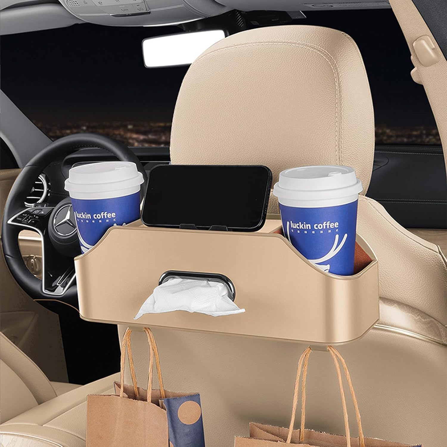 Car Headrest Back Seat Organizer with Cup Holder and Tissue Box