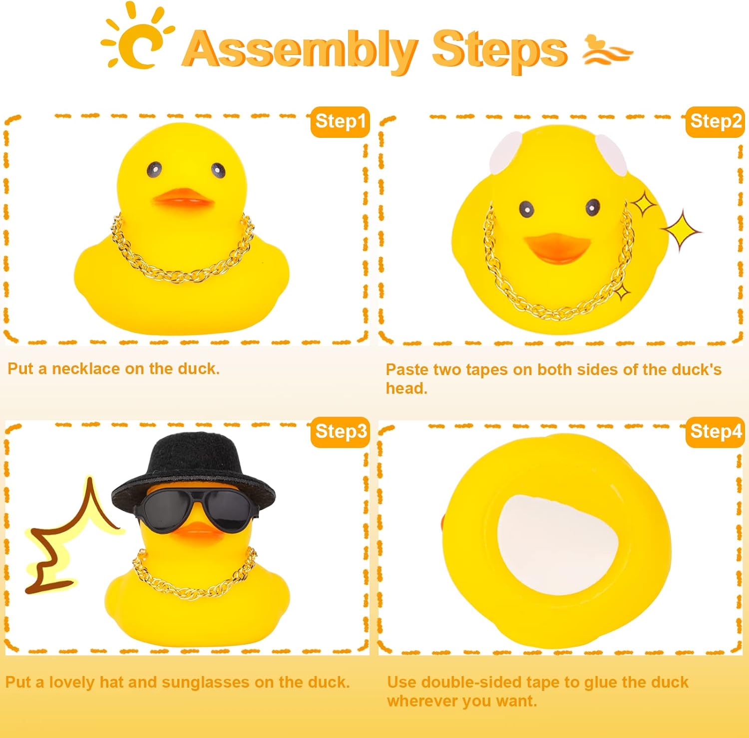 Yellow Duck Car Dashboard Decor with Beanie Hat Necklace Sunglasses