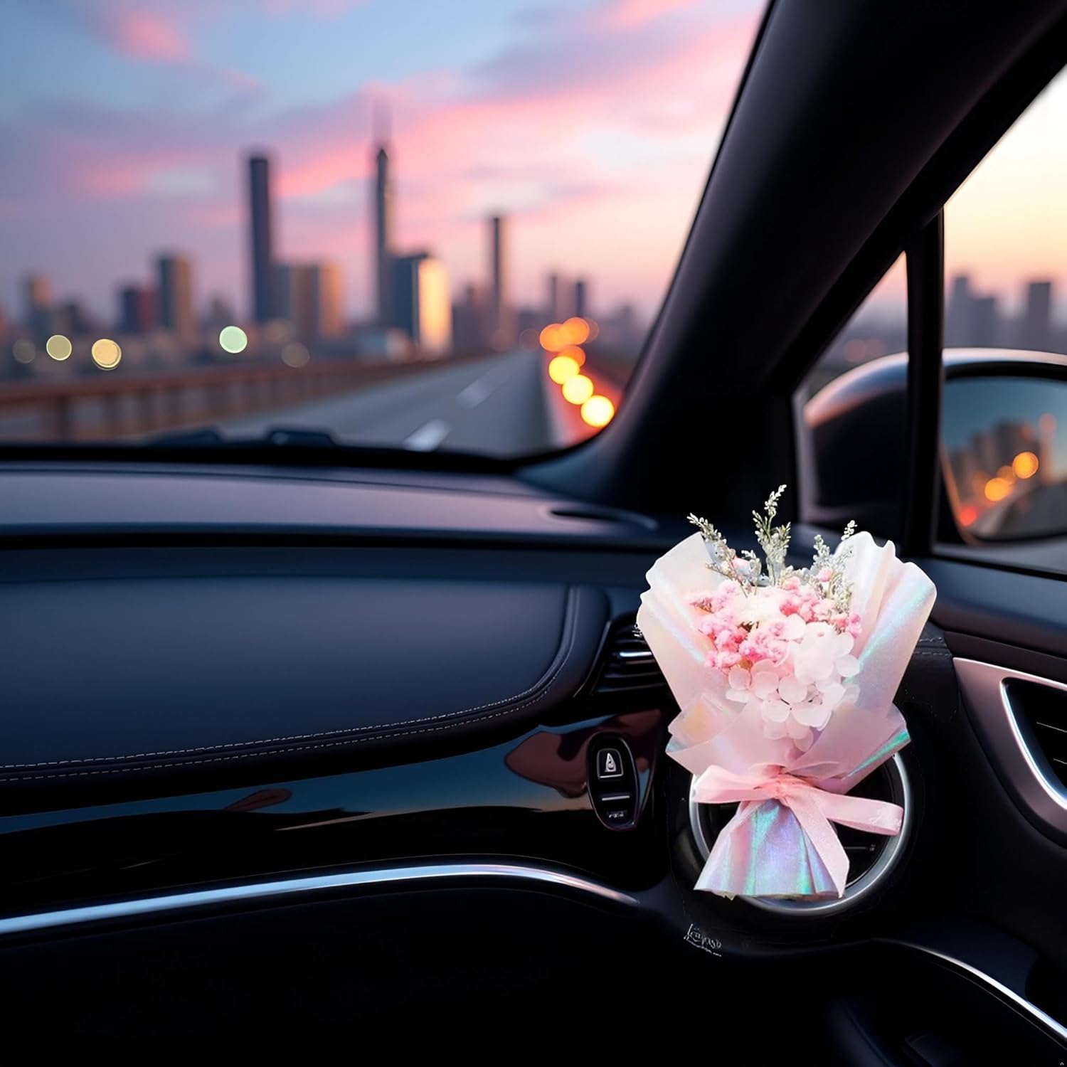Pink Mini Dried Flowers Bouquet for Car Air Vent Clips