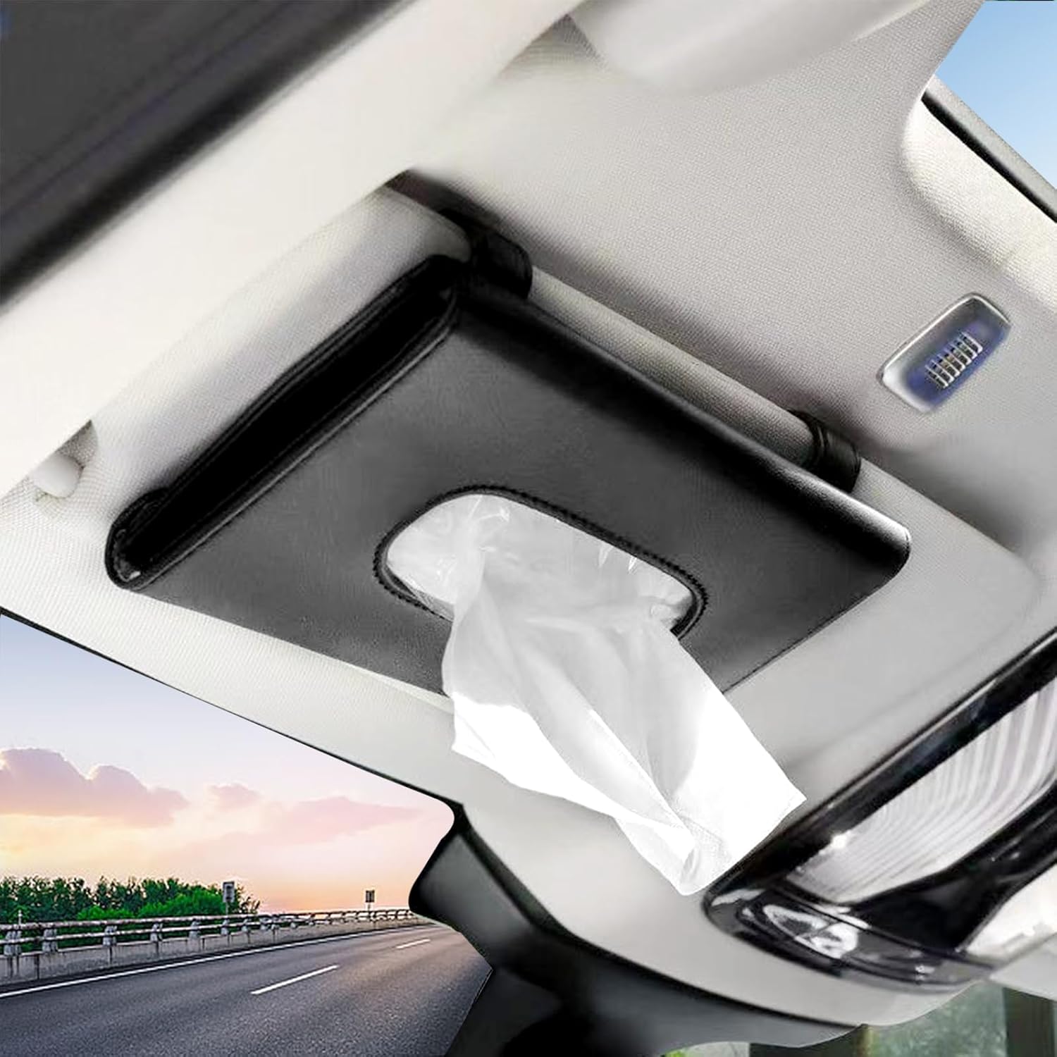 Car Tissue Holder with Mask Clip Visor Mount Black