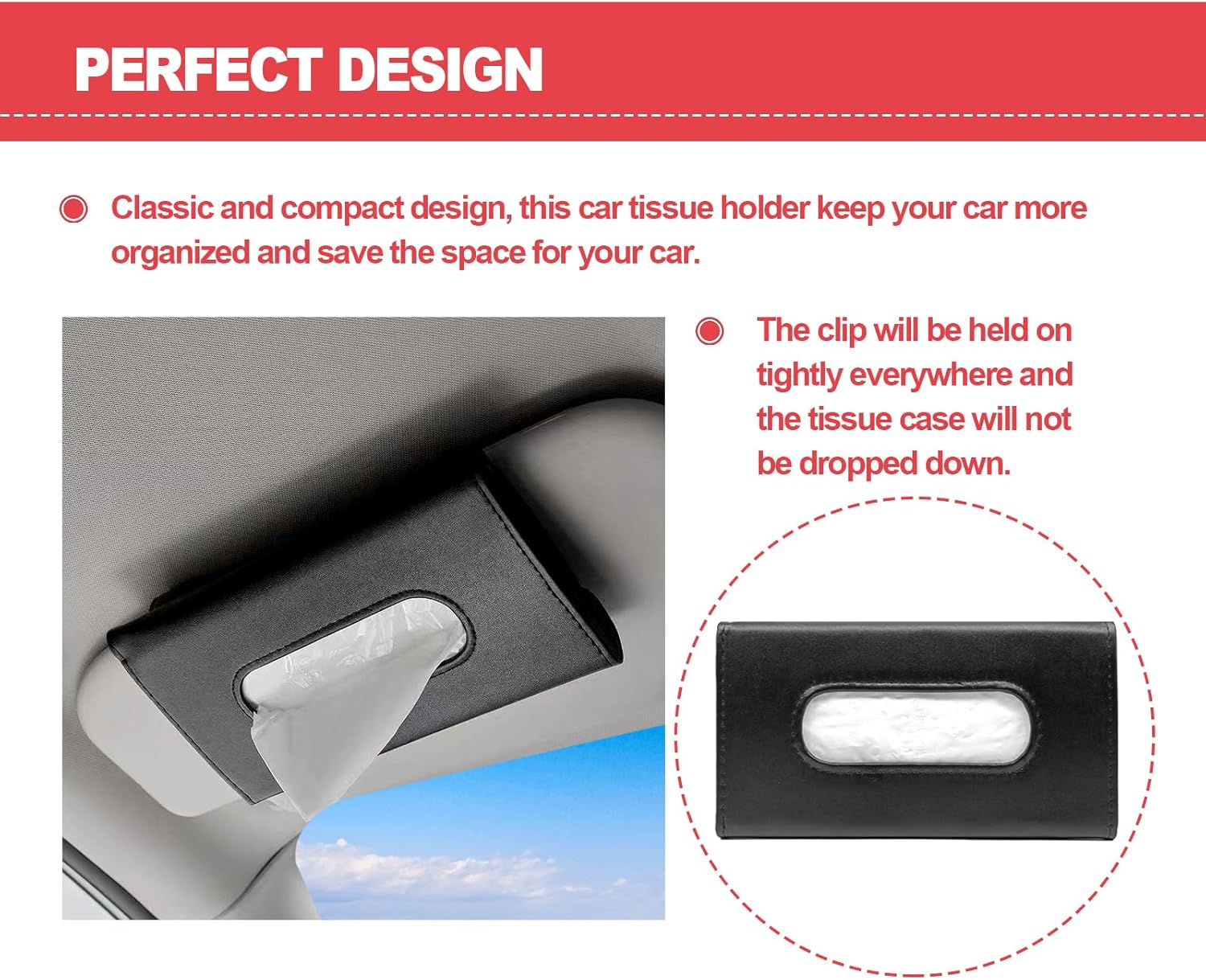 Car Tissue Holder with Mask Clip Visor Mount Black