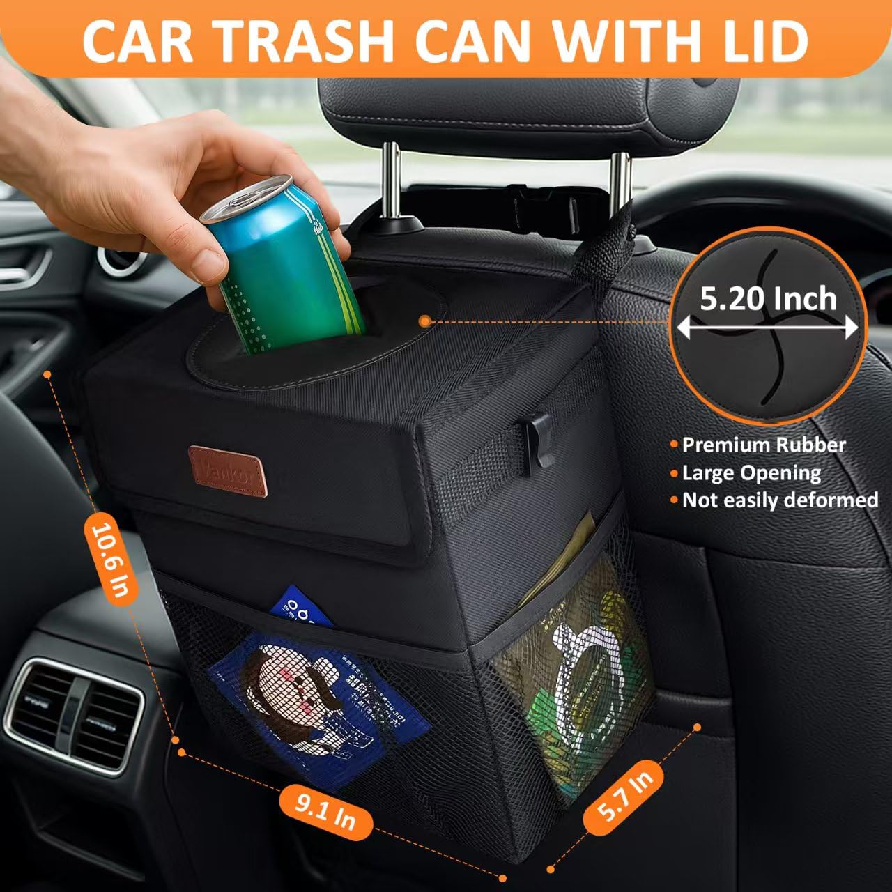 Vankor Car Trash Can Bin with Lid Hanging for Back Seat