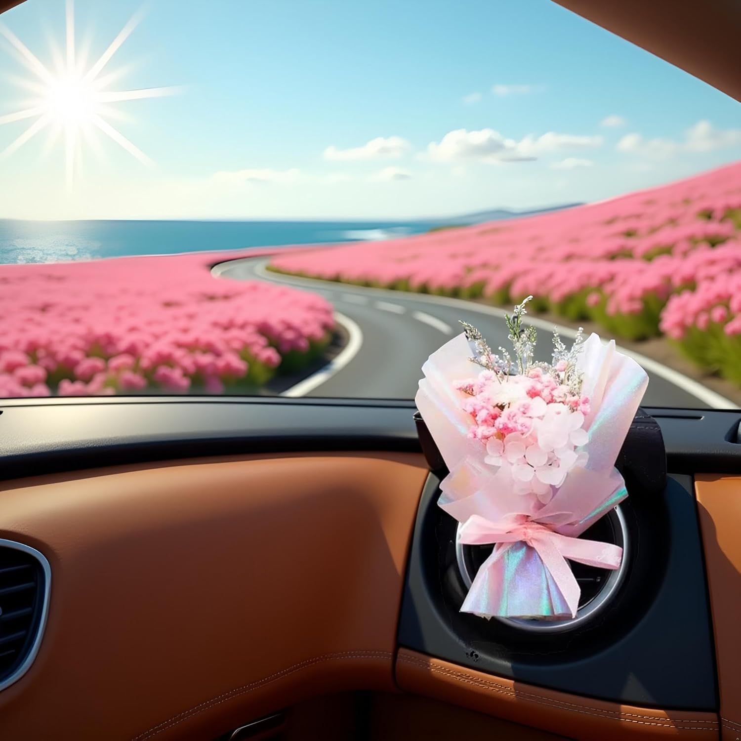 Pink Mini Dried Flowers Bouquet for Car Air Vent Clips 1