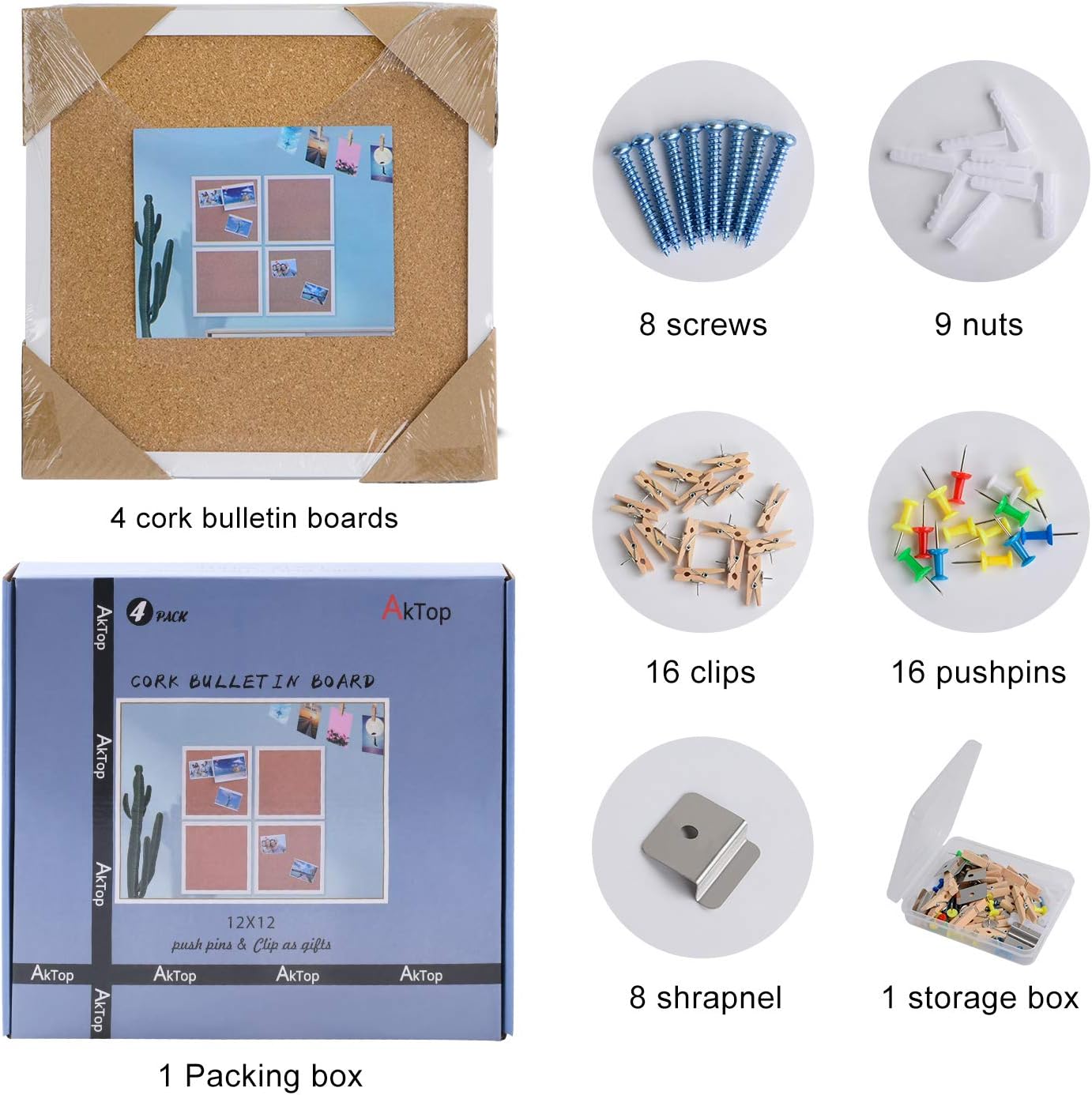 AkTop 12x12 White Framed Corkboard 4 Pack