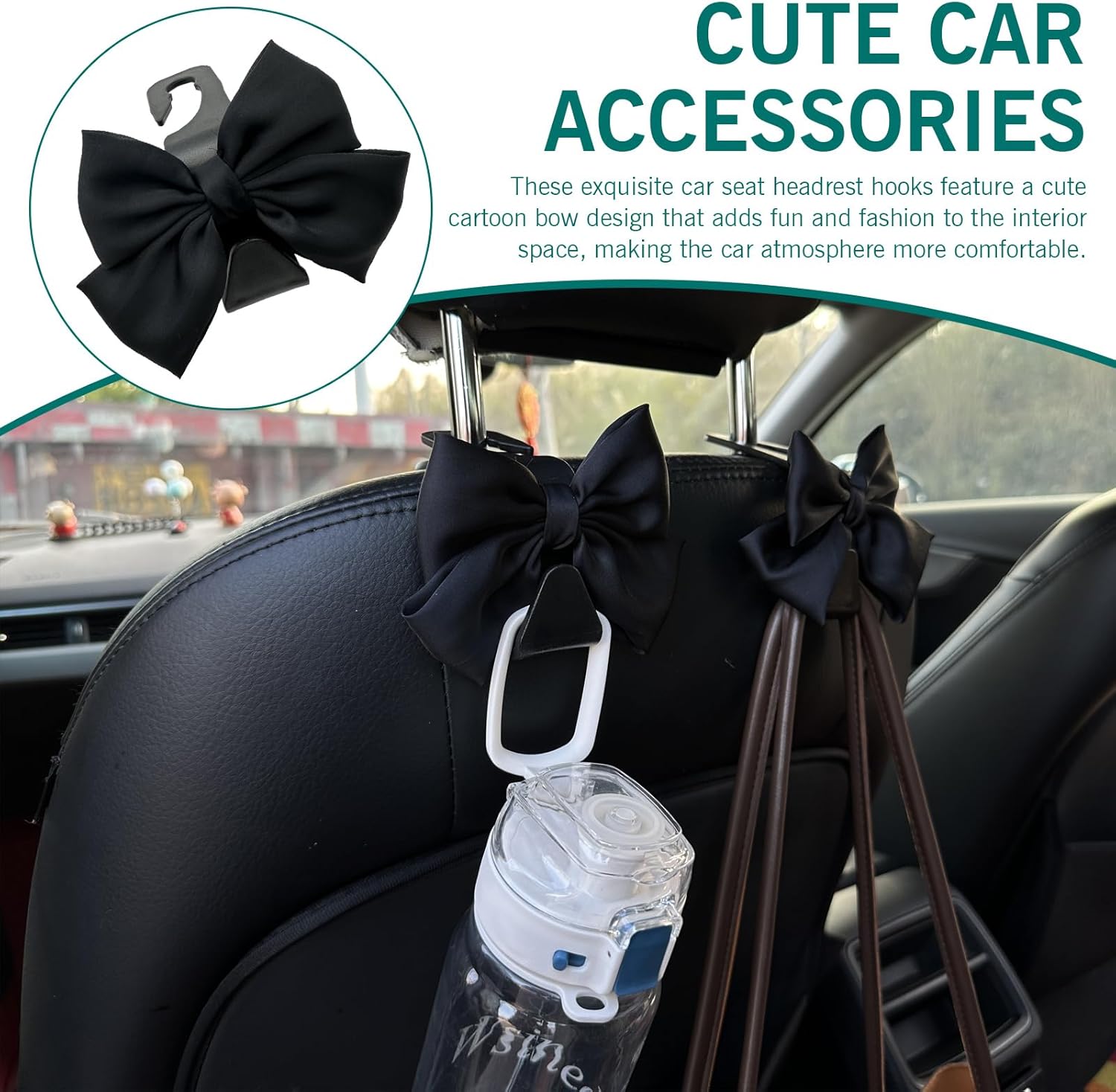 2PCS Cute Bow Car Seat Headrest Hooks - Black