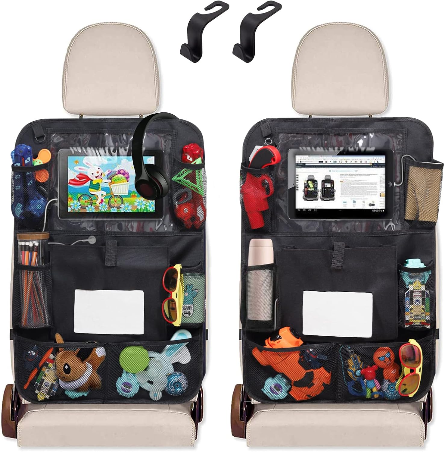 2 Pack Car Backseat Organizer with Tablet Holder and Tissue Box Pockets