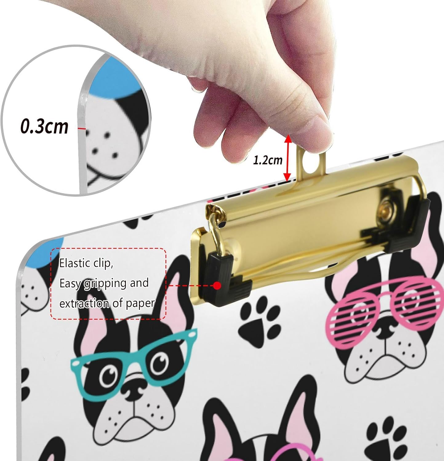 Gredecor French Bulldogs Clipboard with Glasses for A4 Paper