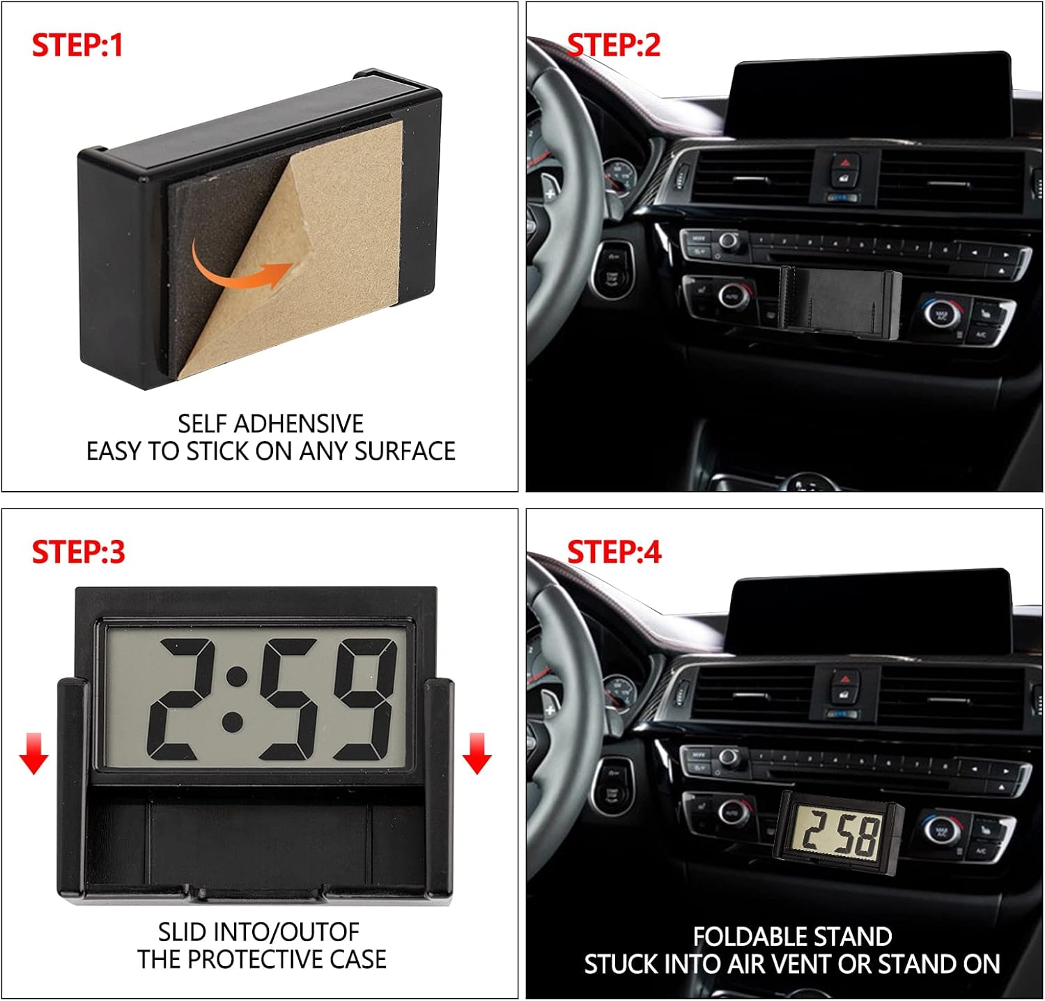 YOUNGFLY 4PCS Mini Car Clock with Large LCD Display