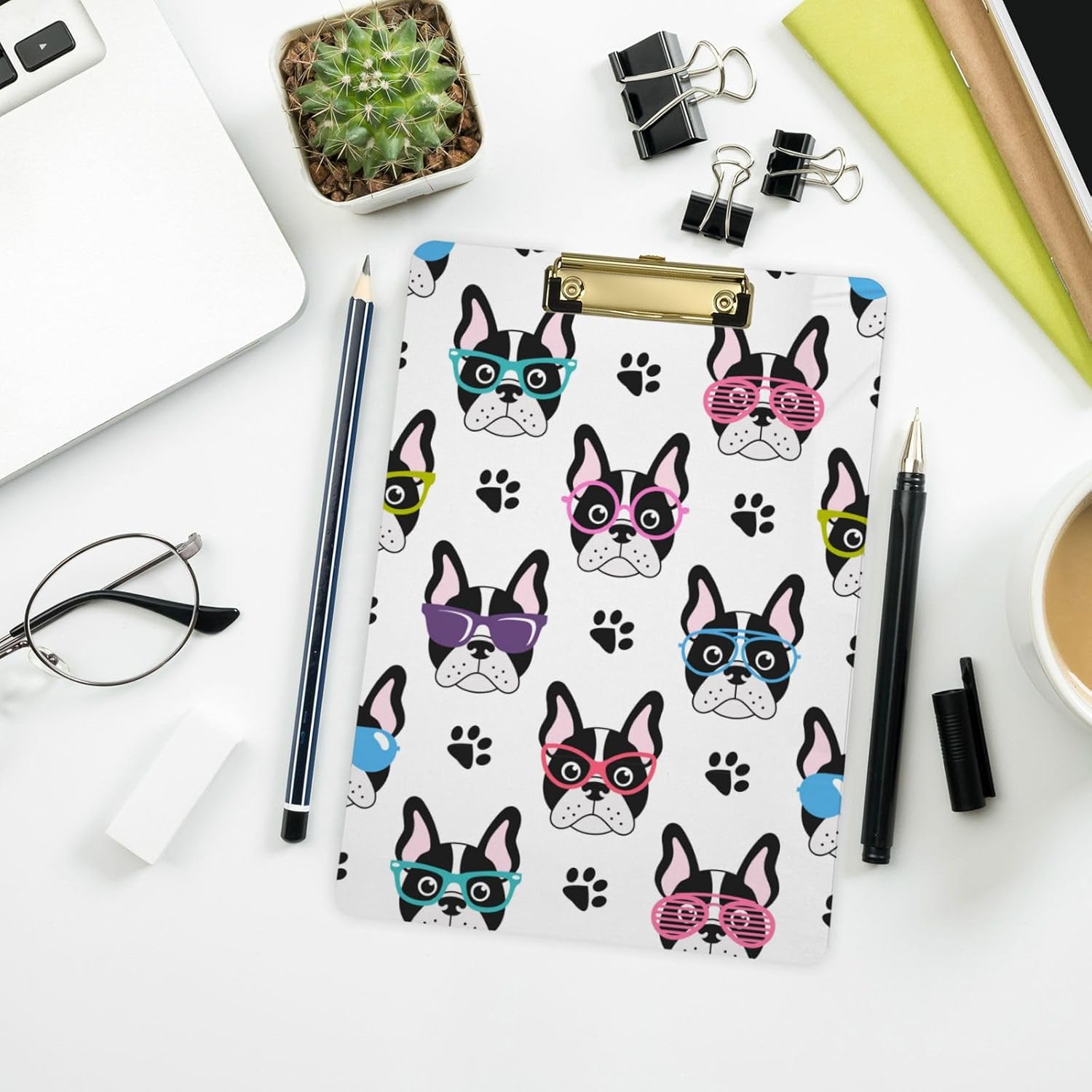 Gredecor French Bulldogs Clipboard with Glasses for A4 Paper