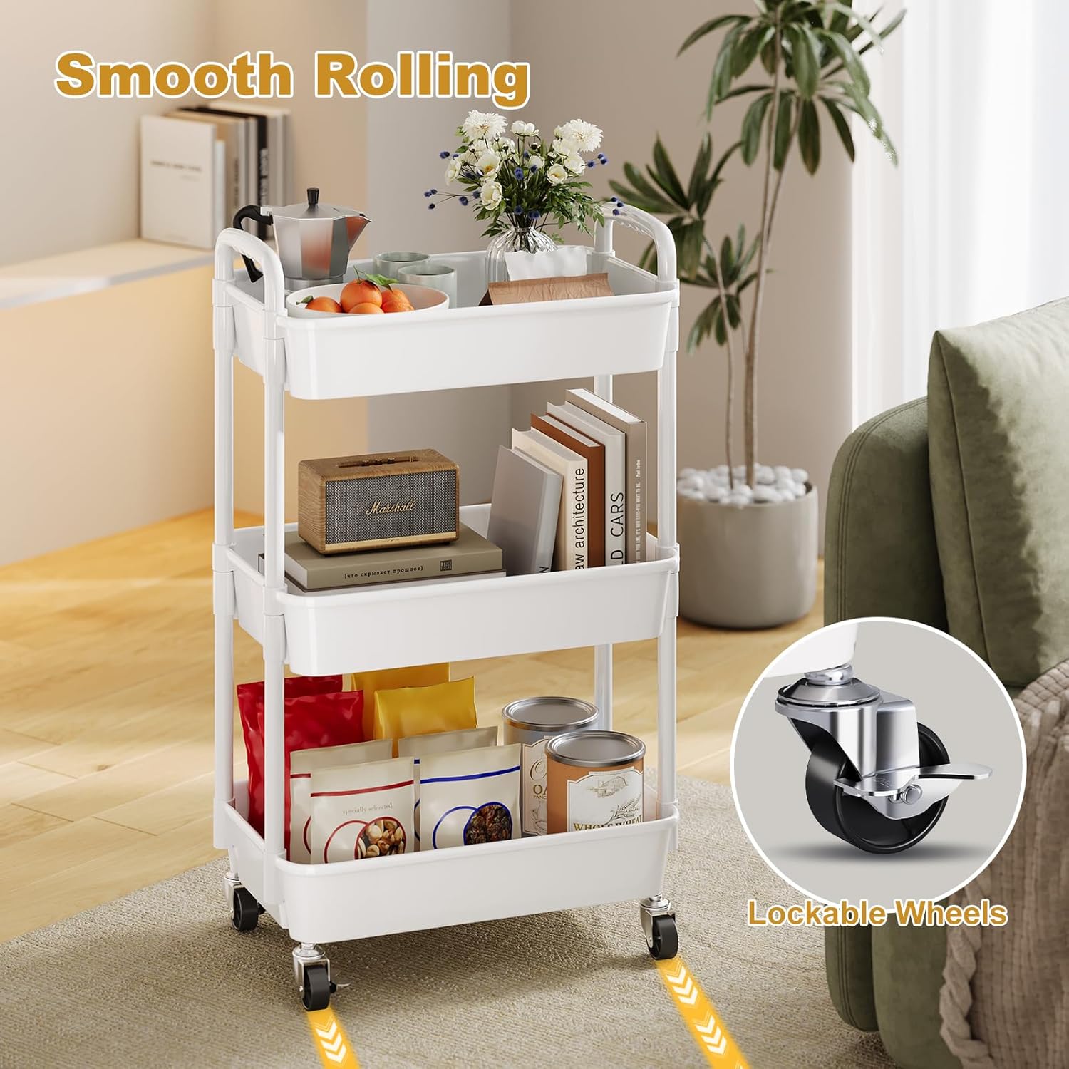 3 Tier Plastic Rolling Cart with Lockable Wheels