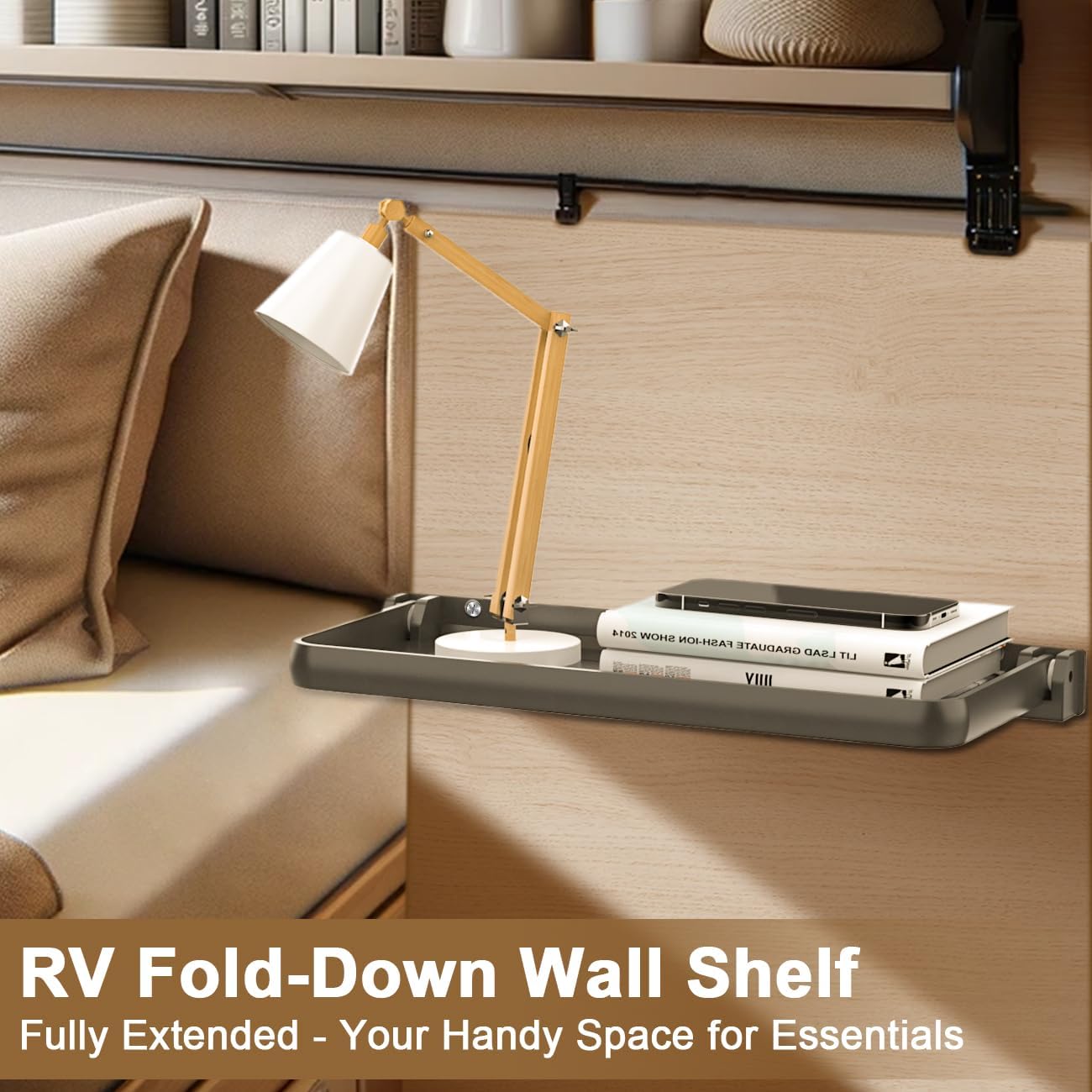 Safoner RV Aluminum Fold-Down Wall Shelf - Space-Saving Interior Organizer