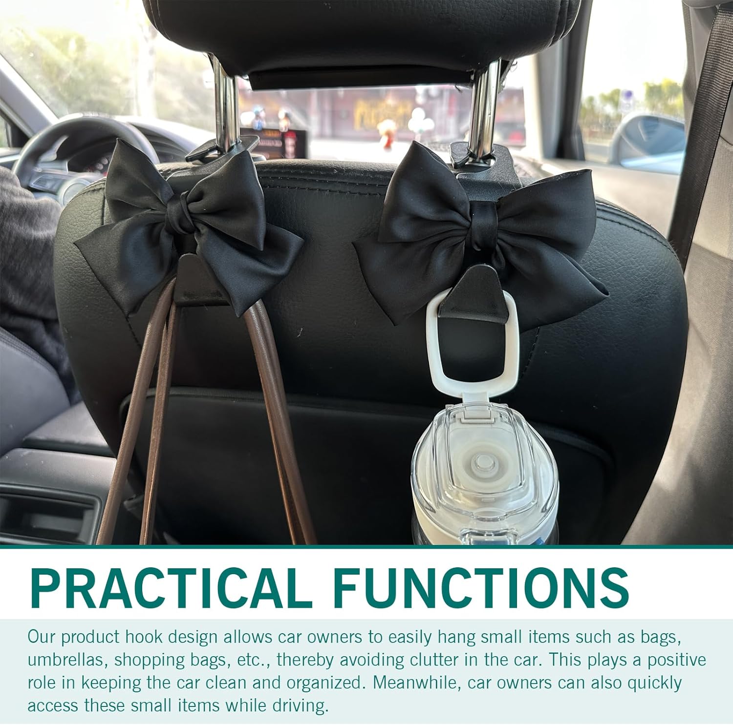 2PCS Cute Bow Car Seat Headrest Hooks - Black