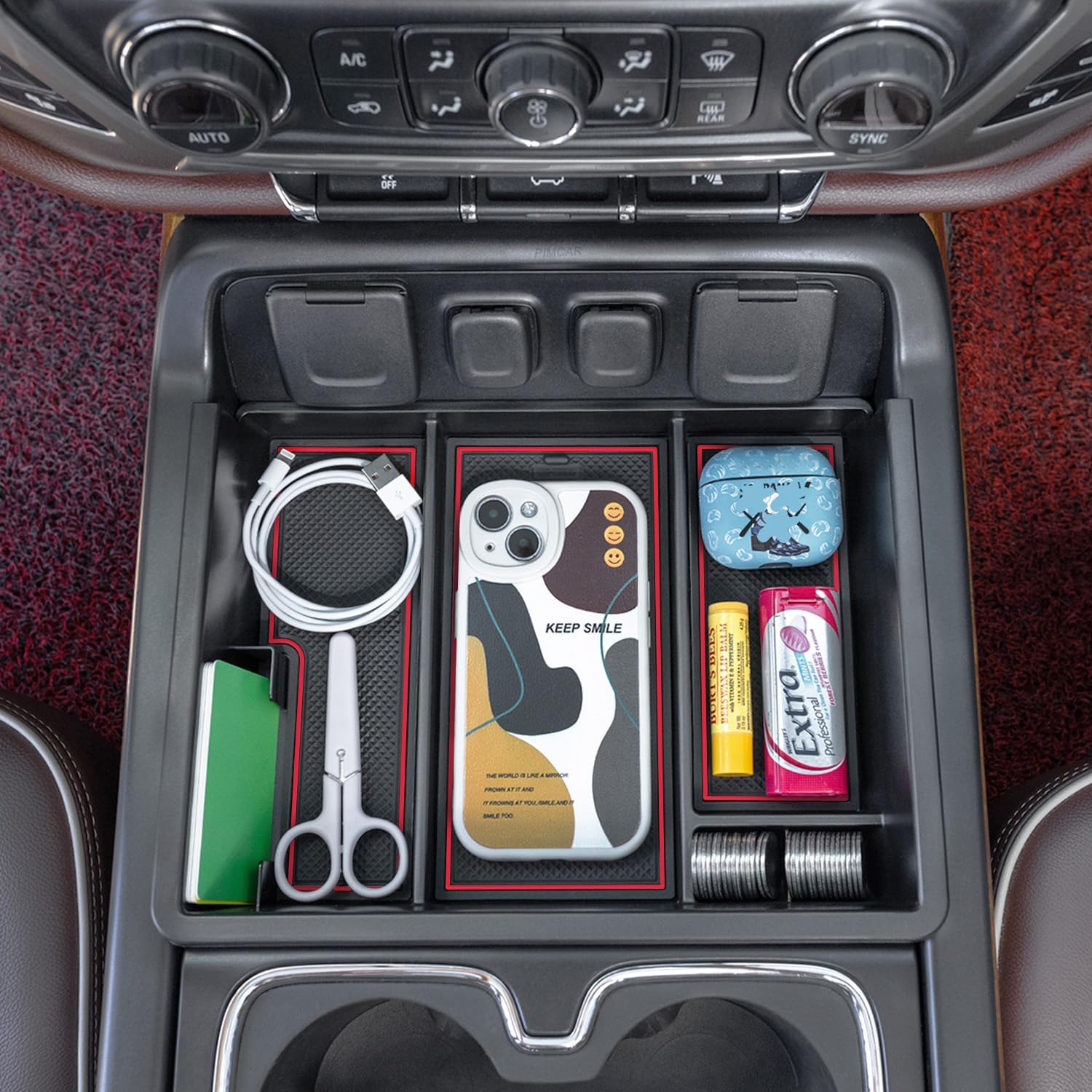 PIMCAR Center Console Organizer Tray Red Trim