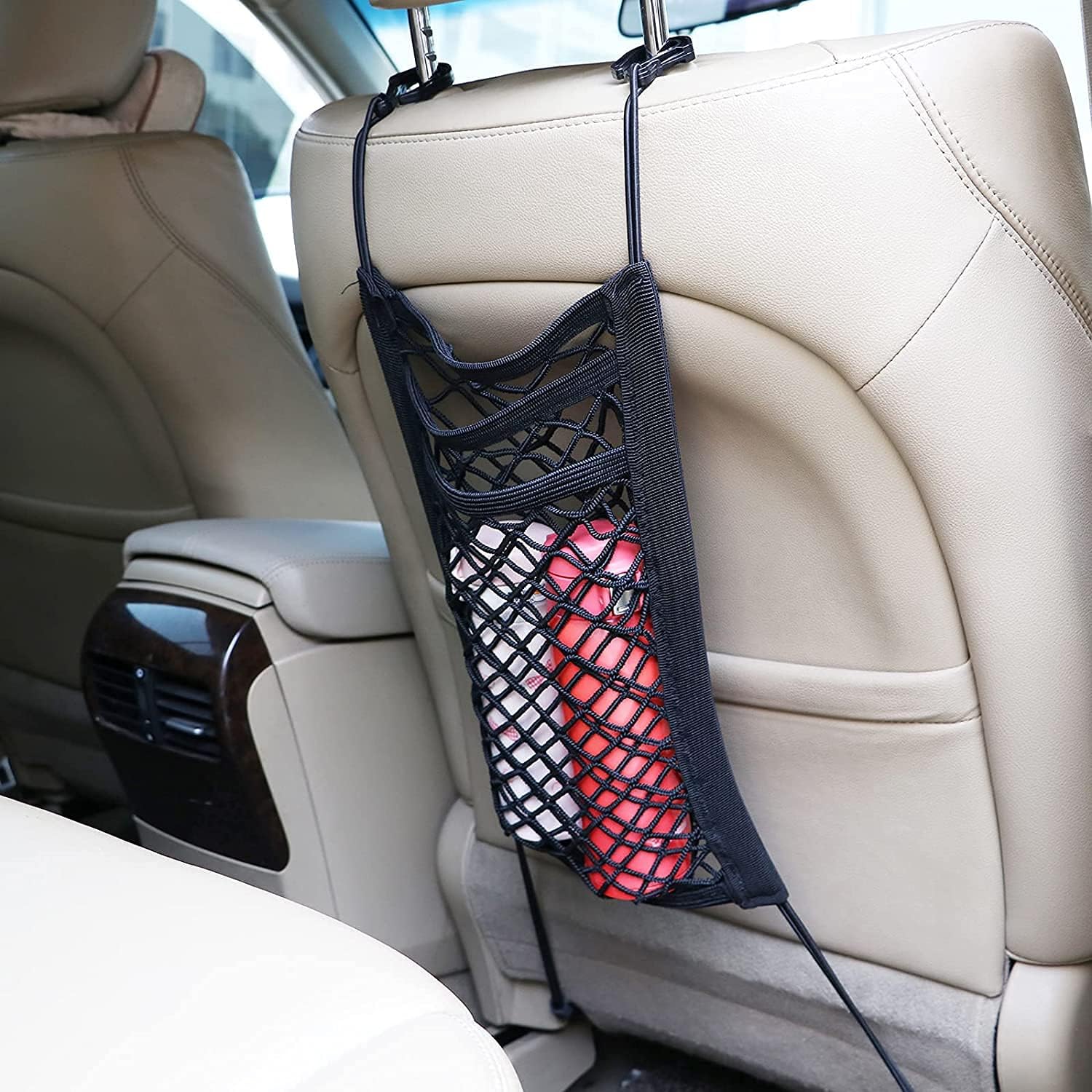 3-Layer Car Seat Back Net Organizer with 4 Straps and Hooks