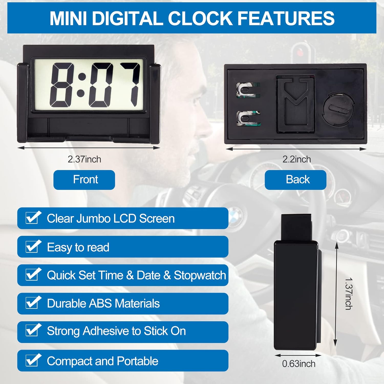 KANBIT 4-Piece Mini Digital Car Dashboard Clock with Clear LCD Display Black