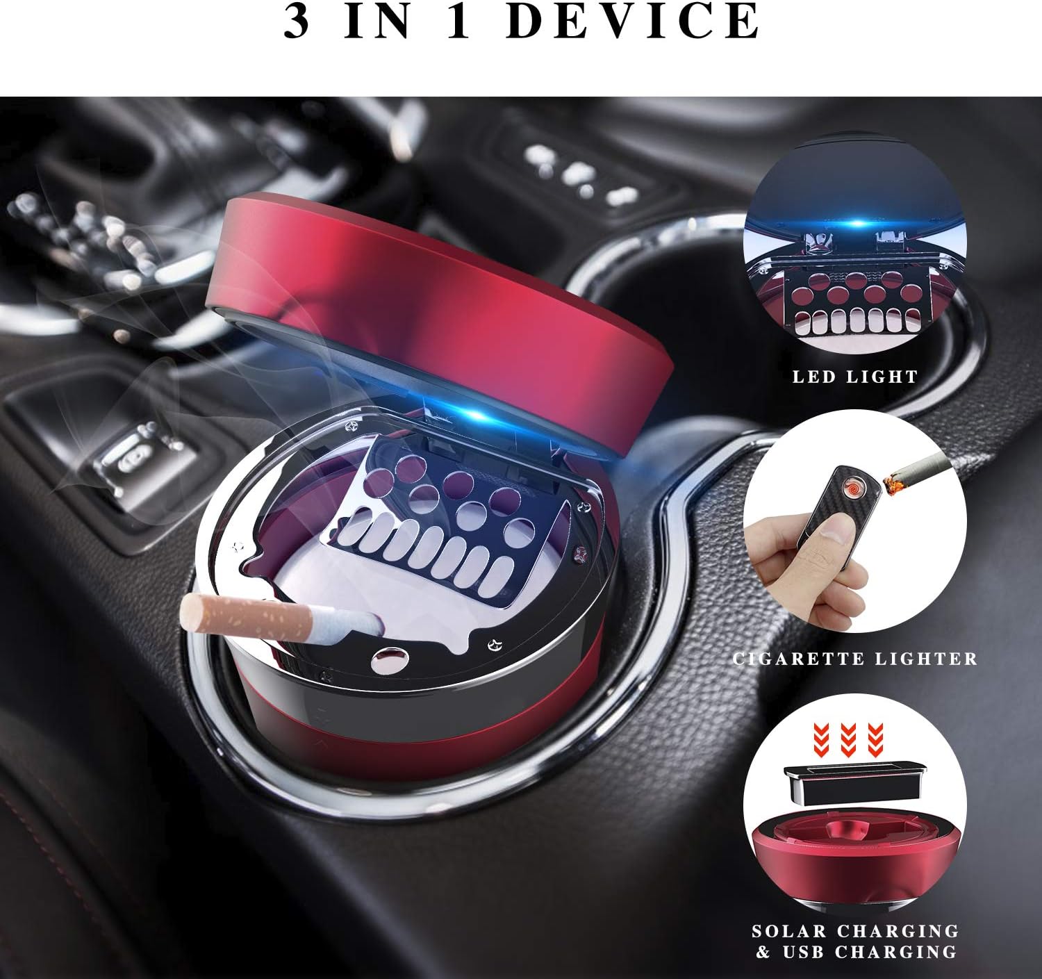Car Ashtray with Detachable Lighter and Solar Power Red