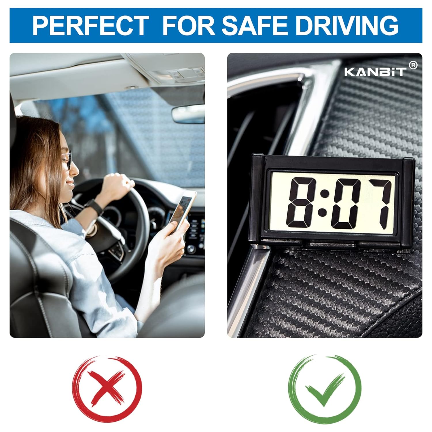 KANBIT 4-Piece Mini Digital Car Dashboard Clock with Clear LCD Display Black