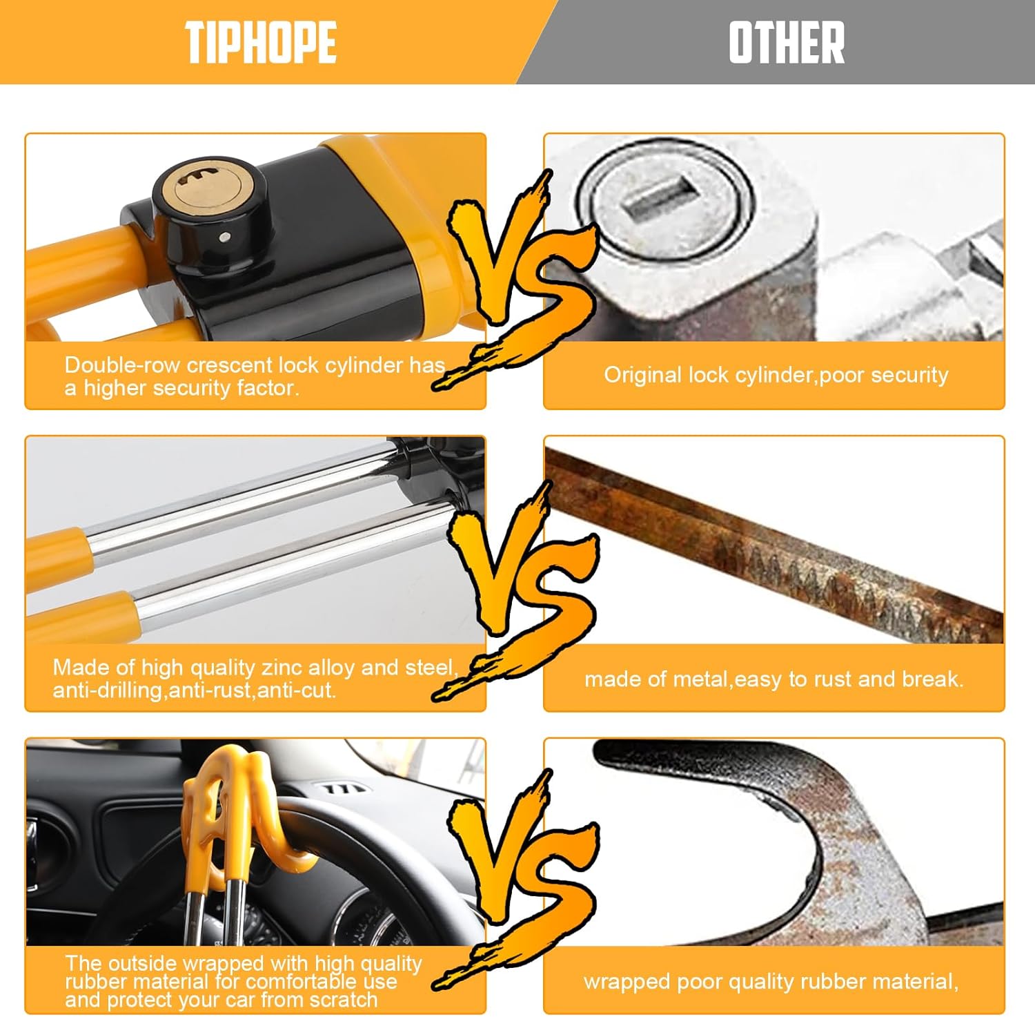 TIPHOPE Heavy Duty Car Steering Lock Anti-Theft Device