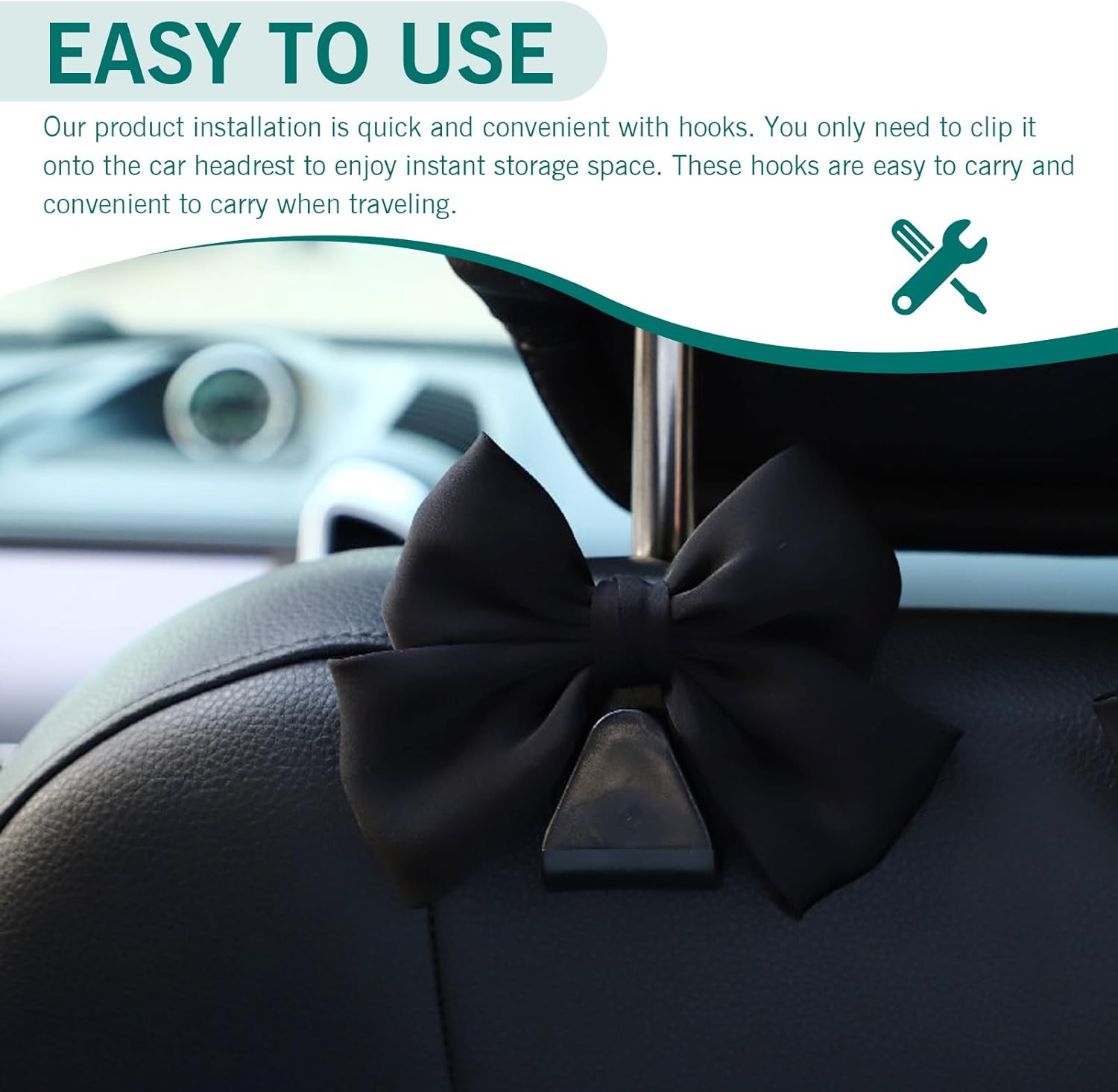 2PCS Cute Bow Car Seat Headrest Hooks - Black