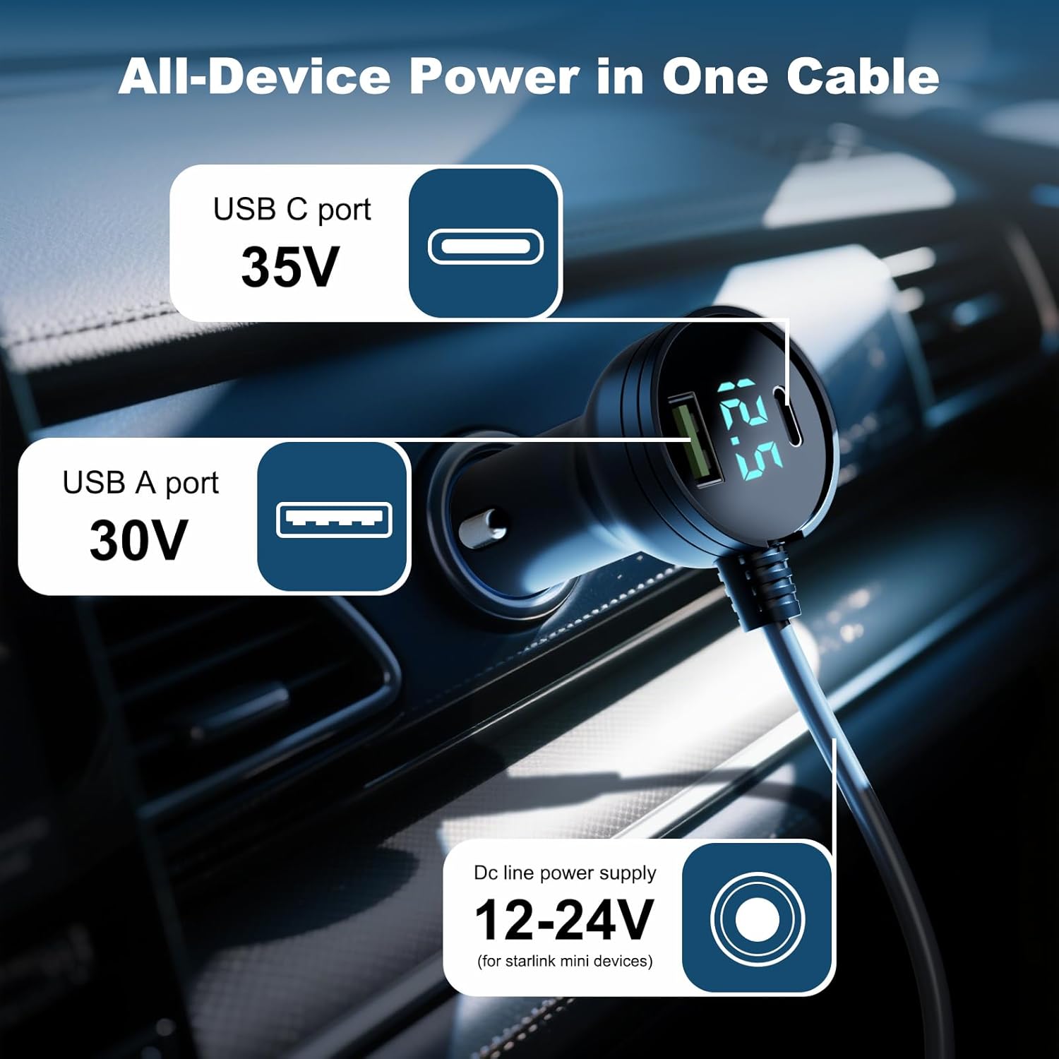 Starlink Mini Car Adapter 10FT Digital Display 12V-24V Power Cable