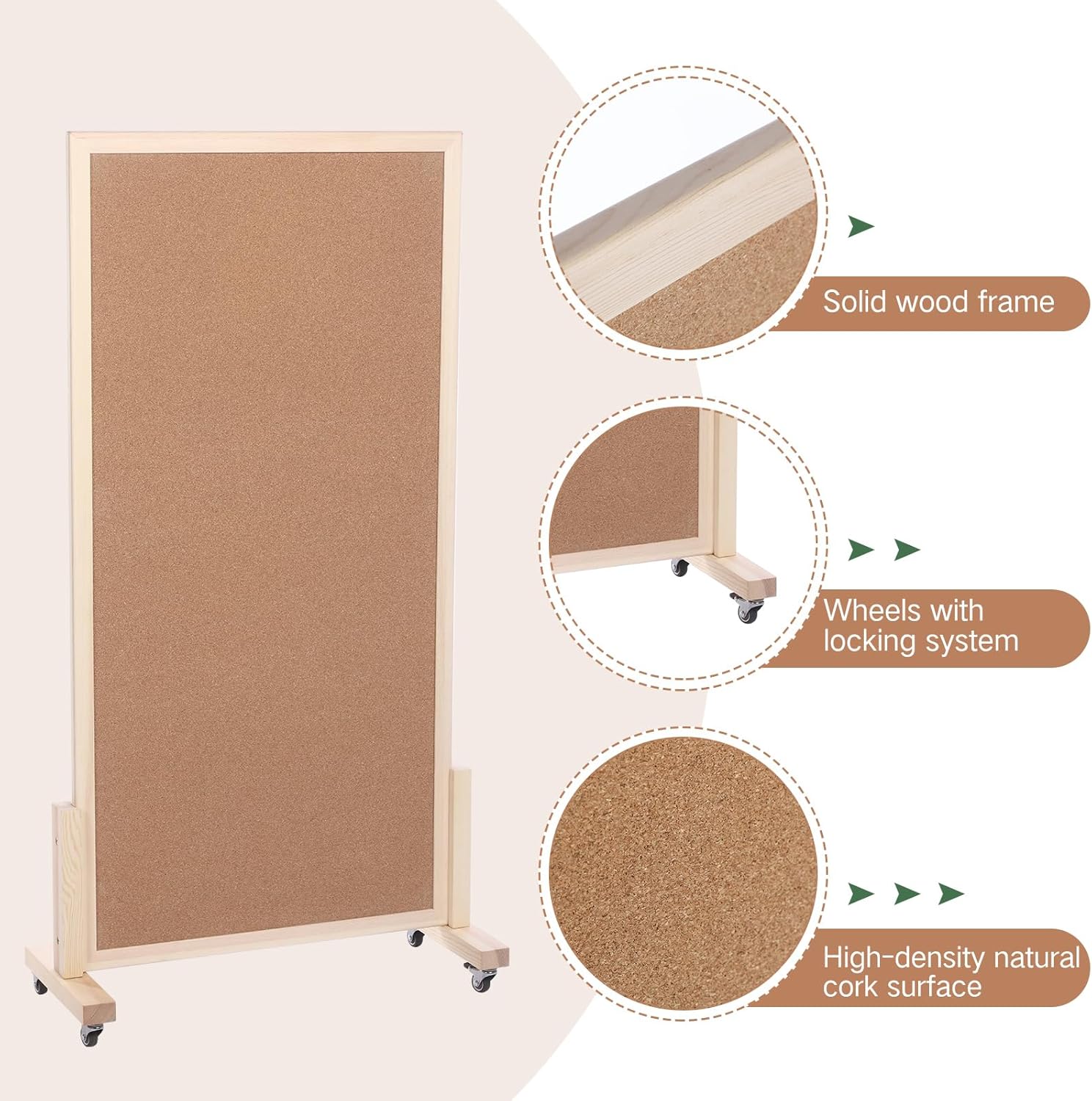 Double Sided Cork Board with Wheels 24 x 47 Inch