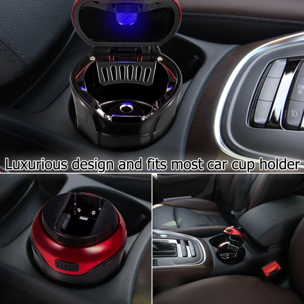 Car Ashtray with Lighter and Lid - Blue LED Indicator