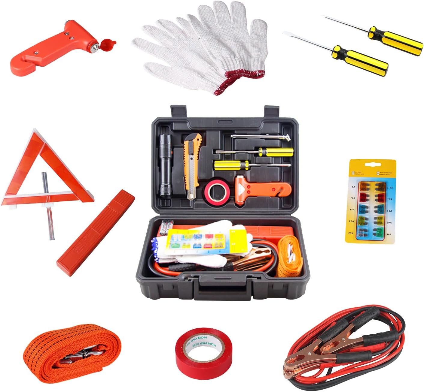 Car Emergency Kit with Jumper Cables and Safety Tools