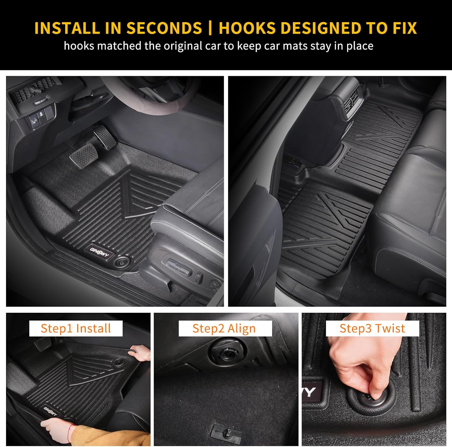 GINOWY Floor Mats for Honda Ridgeline 2017-2025 Black