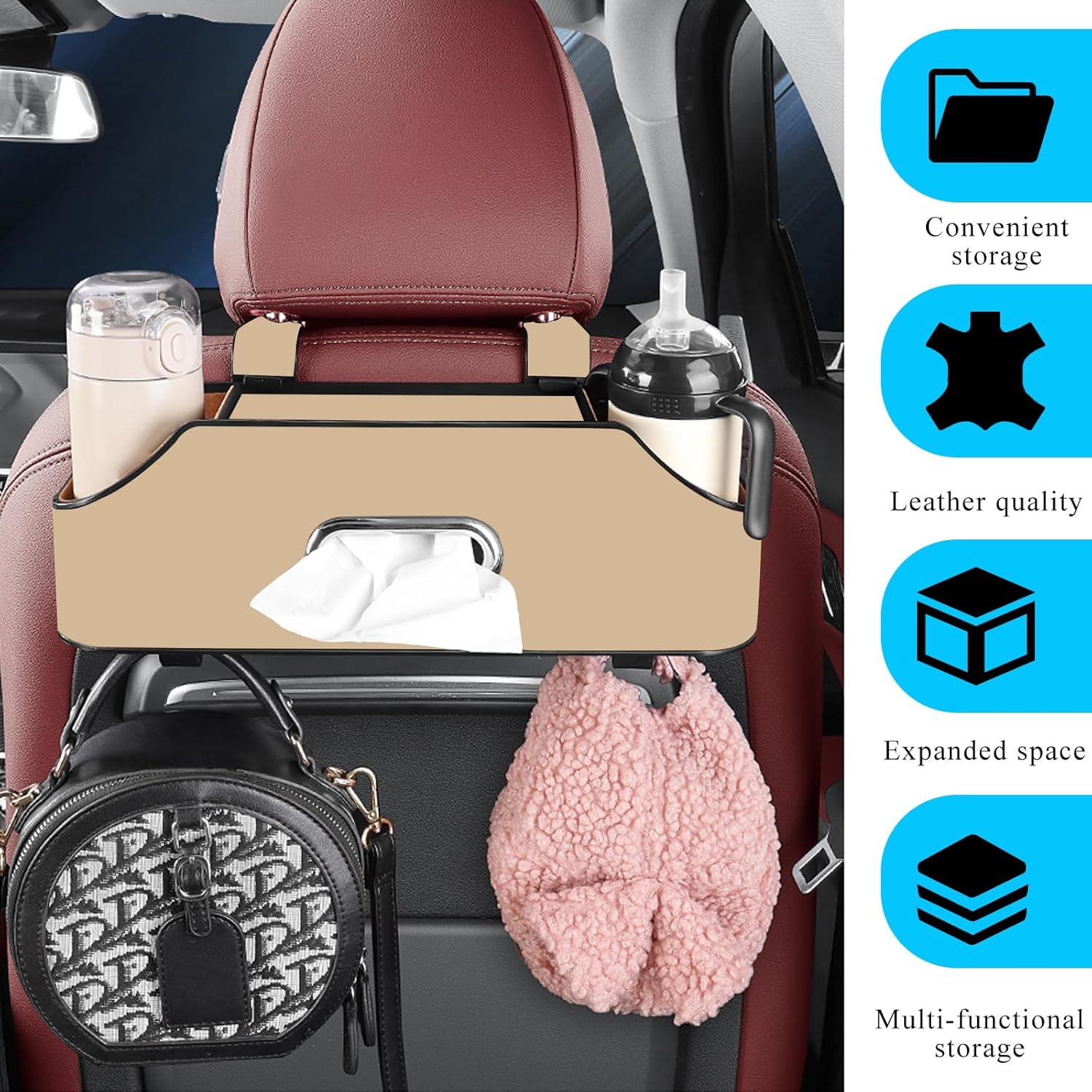 Car Seat Back Organizer with 2 Drink Holders and Storage Hooks