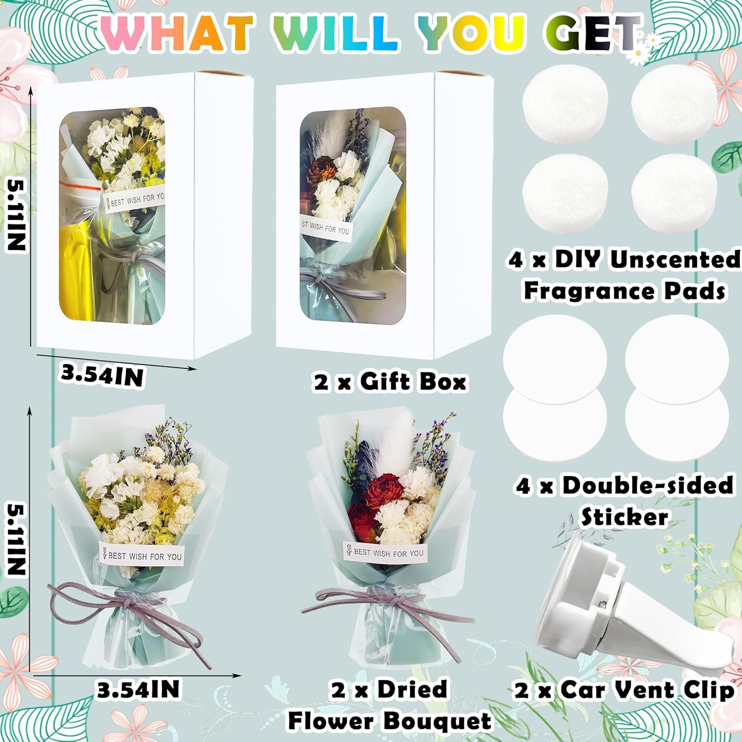 Square John 2pcs Mini Flower Bouquet Car Air Freshener Set