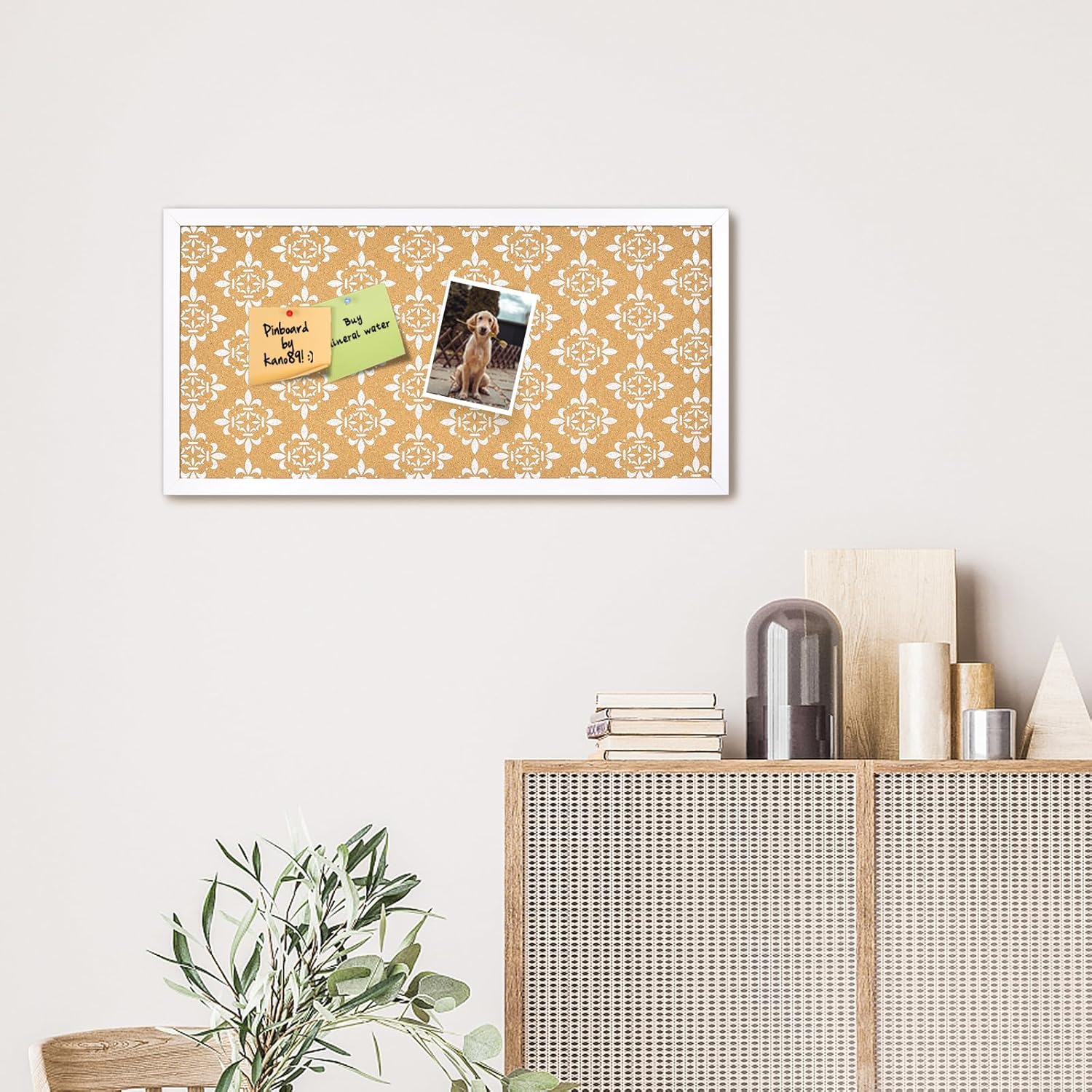 White Floral Cork Board with Wooden Frame