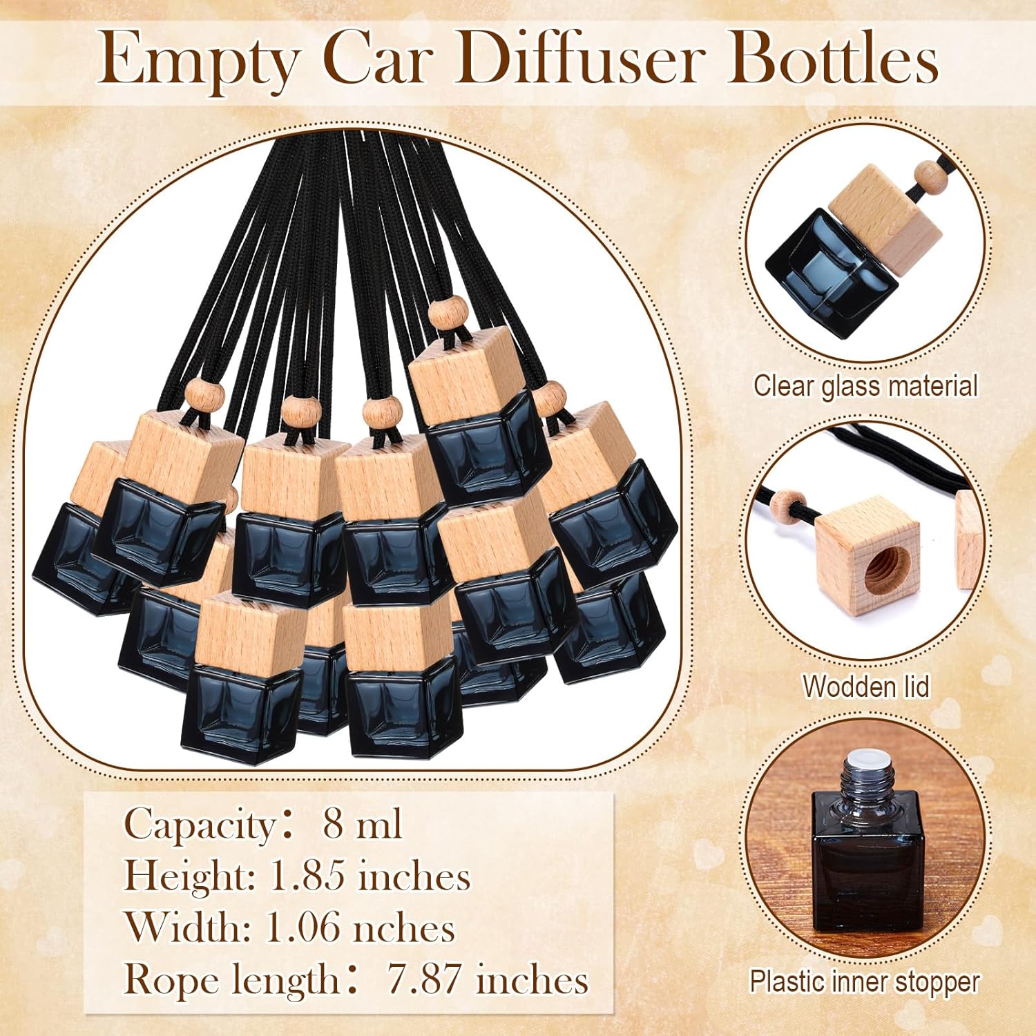 100pcs Square Black Glass Diffuser Bottles with Lanyards and Instruction Cards