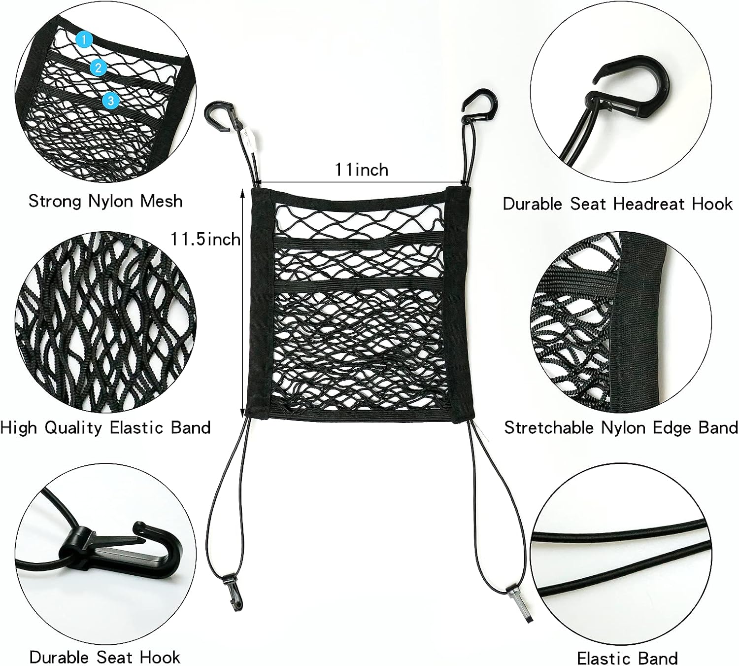 3-Layer Car Seat Back Net Organizer with 4 Straps and Hooks