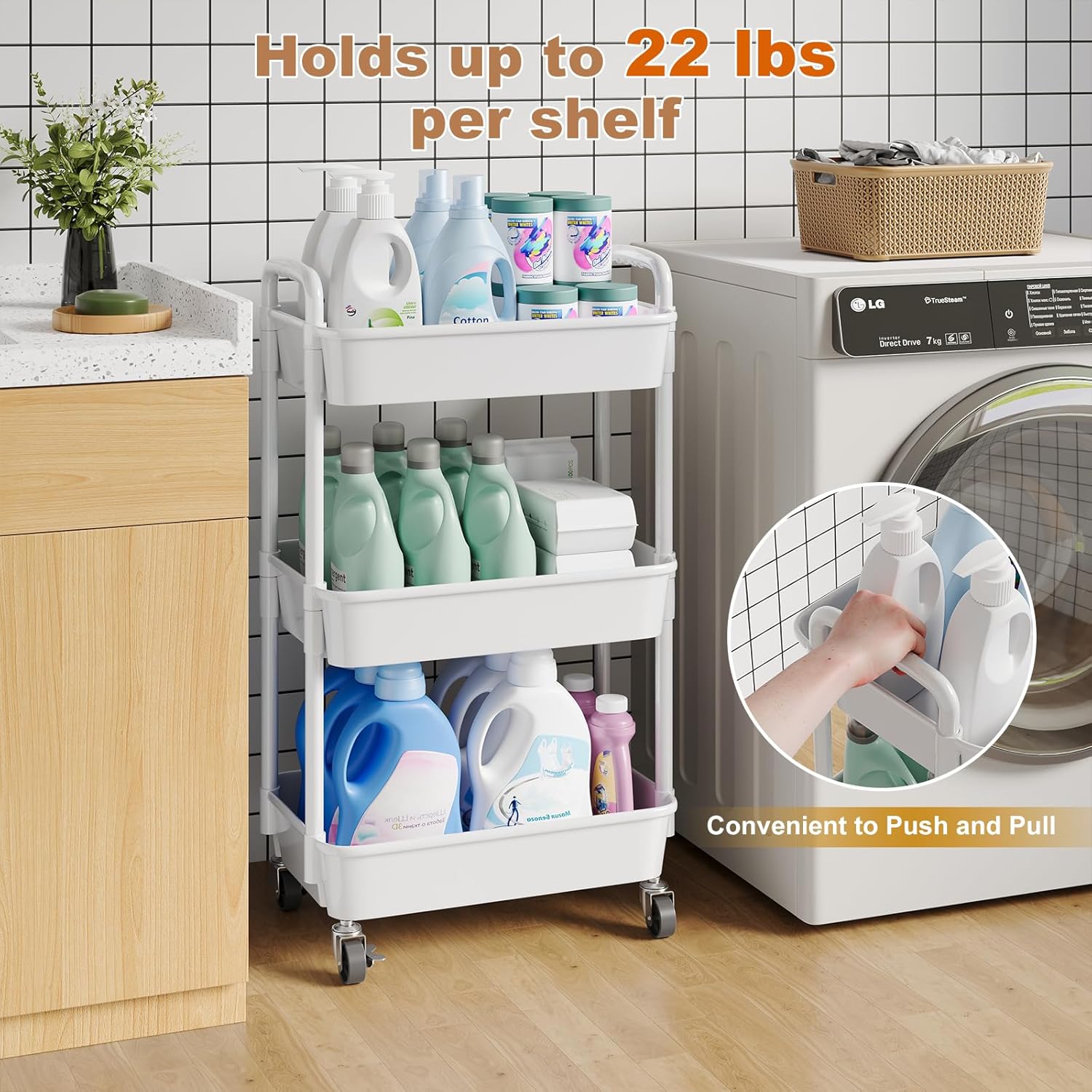 3 Tier Plastic Rolling Cart with Lockable Wheels
