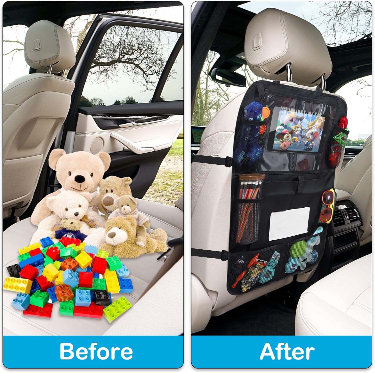 2 Pack Car Backseat Organizer with Tablet Holder and Tissue Box Pockets