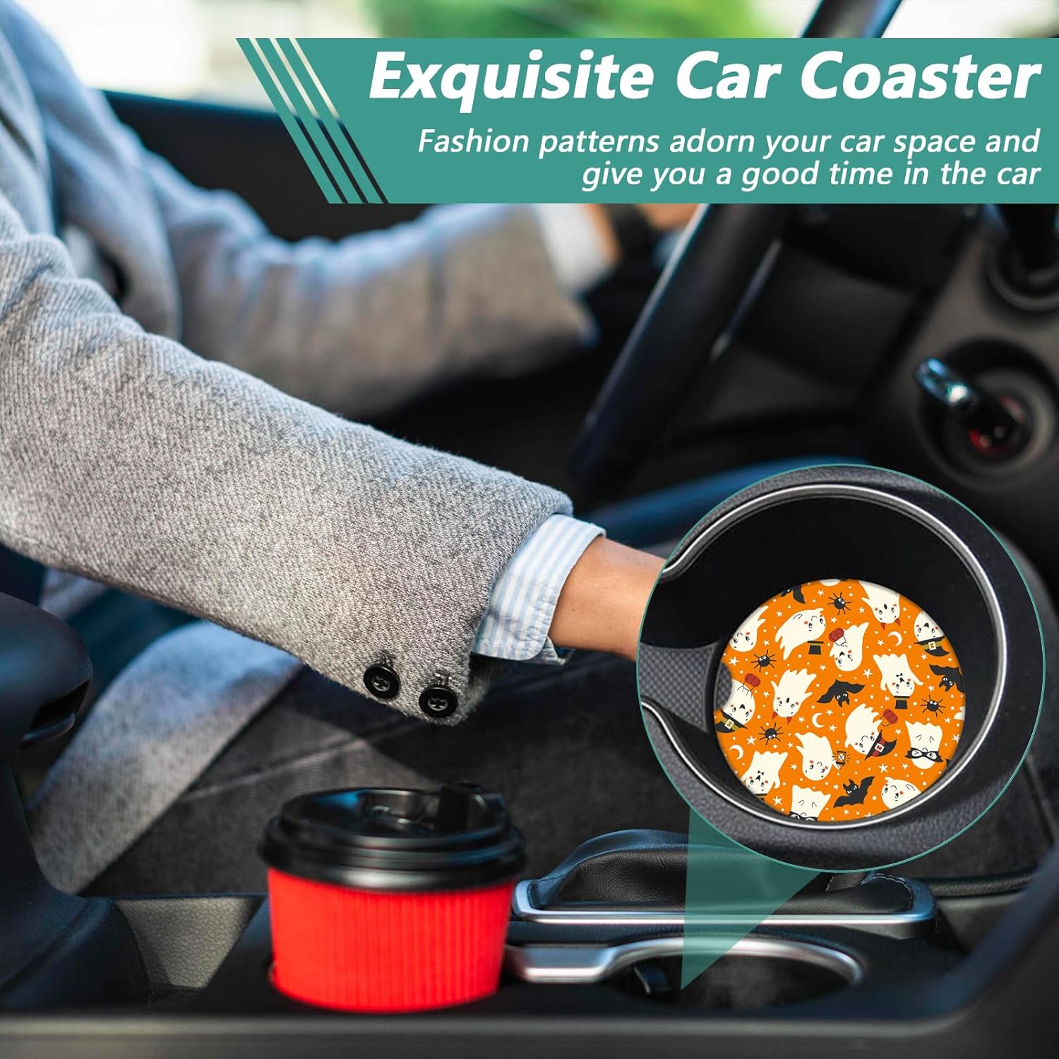 2 Pack Halloween Car Cup Holder Coasters - Ghost Bat Ceramic Coasters