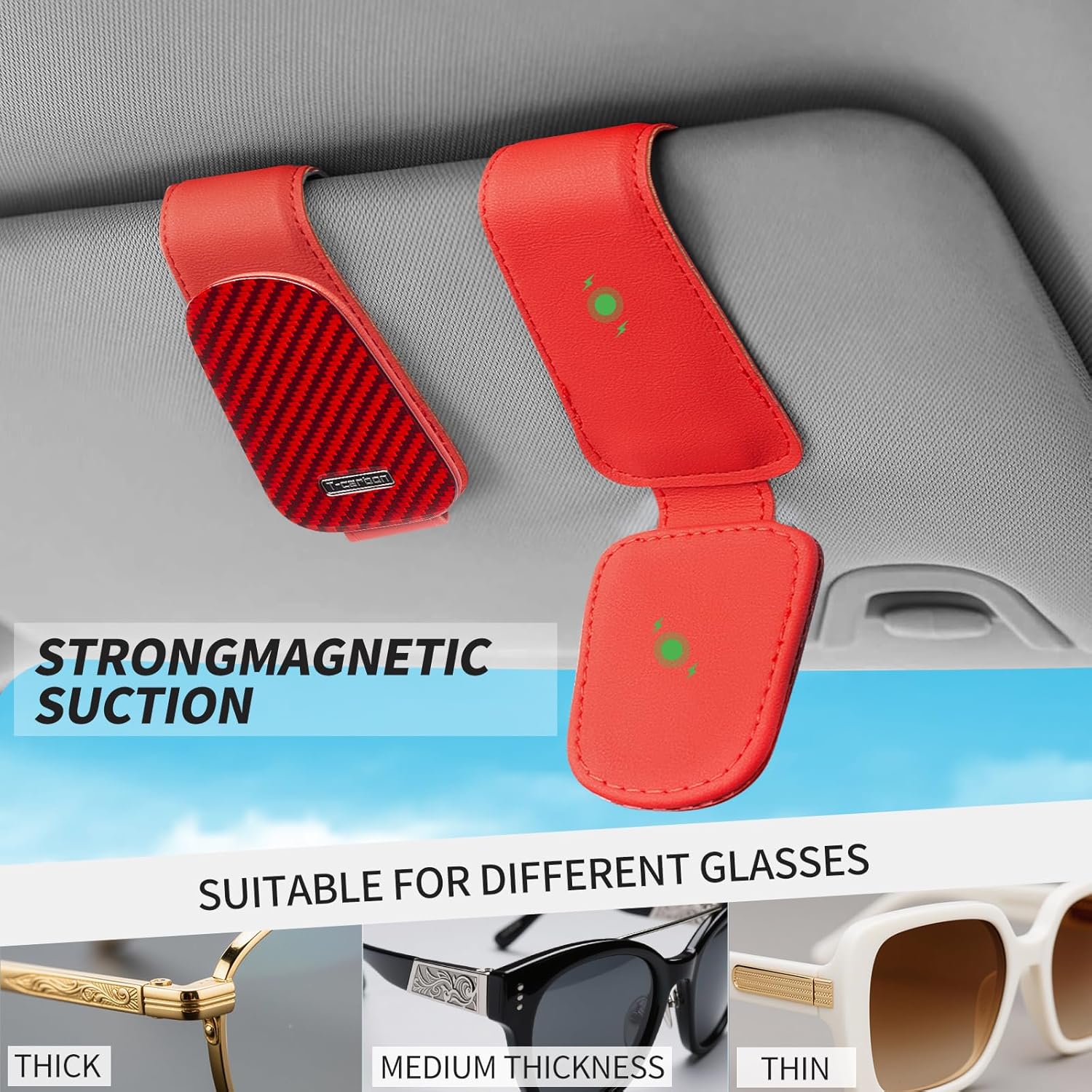 T-carbon Magnetic Leather Sunglass Holder for Car Visor Red