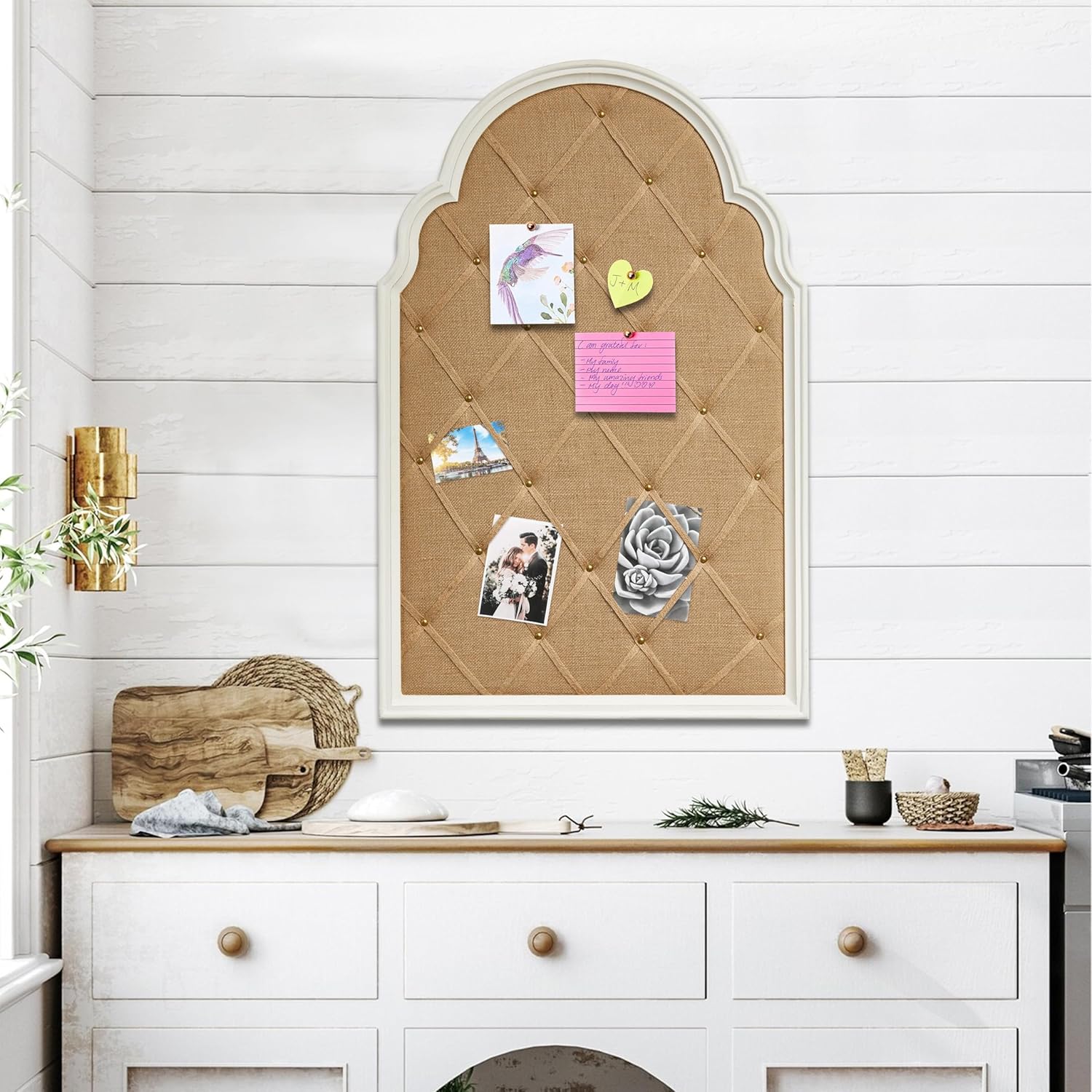 SOFE Arched Bulletin Board 36x24 Inches White Linen Frame