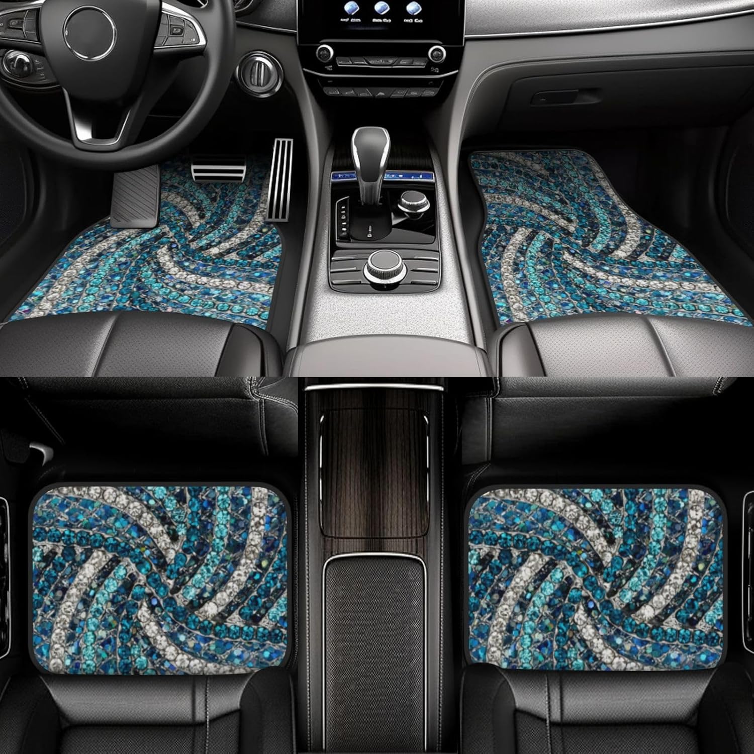 Bohemian Silver Grey Turquoise Blue Car Floor Mats 4-Piece Set