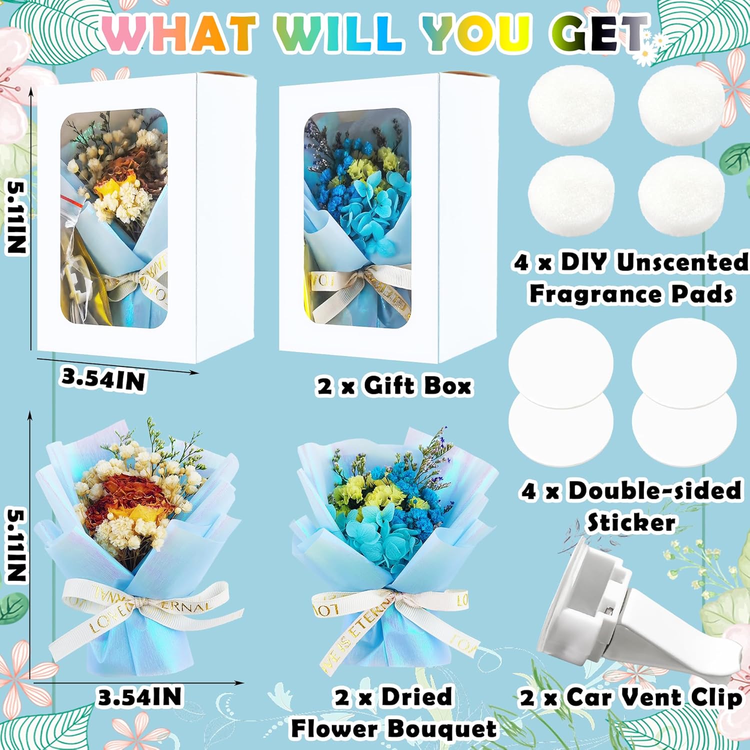 Square John Flower Clips For Car Vent 2pcs Dried Flower Set Blue