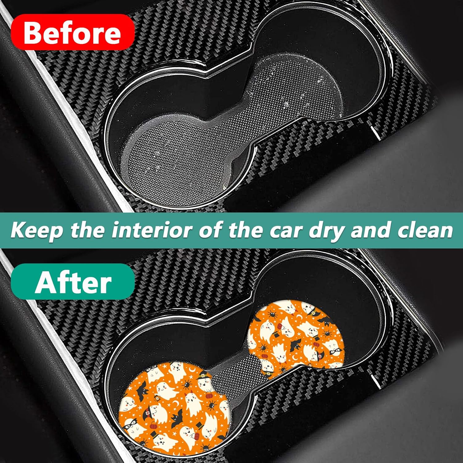 2 Pack Halloween Car Cup Holder Coasters - Ghost Bat Ceramic Coasters