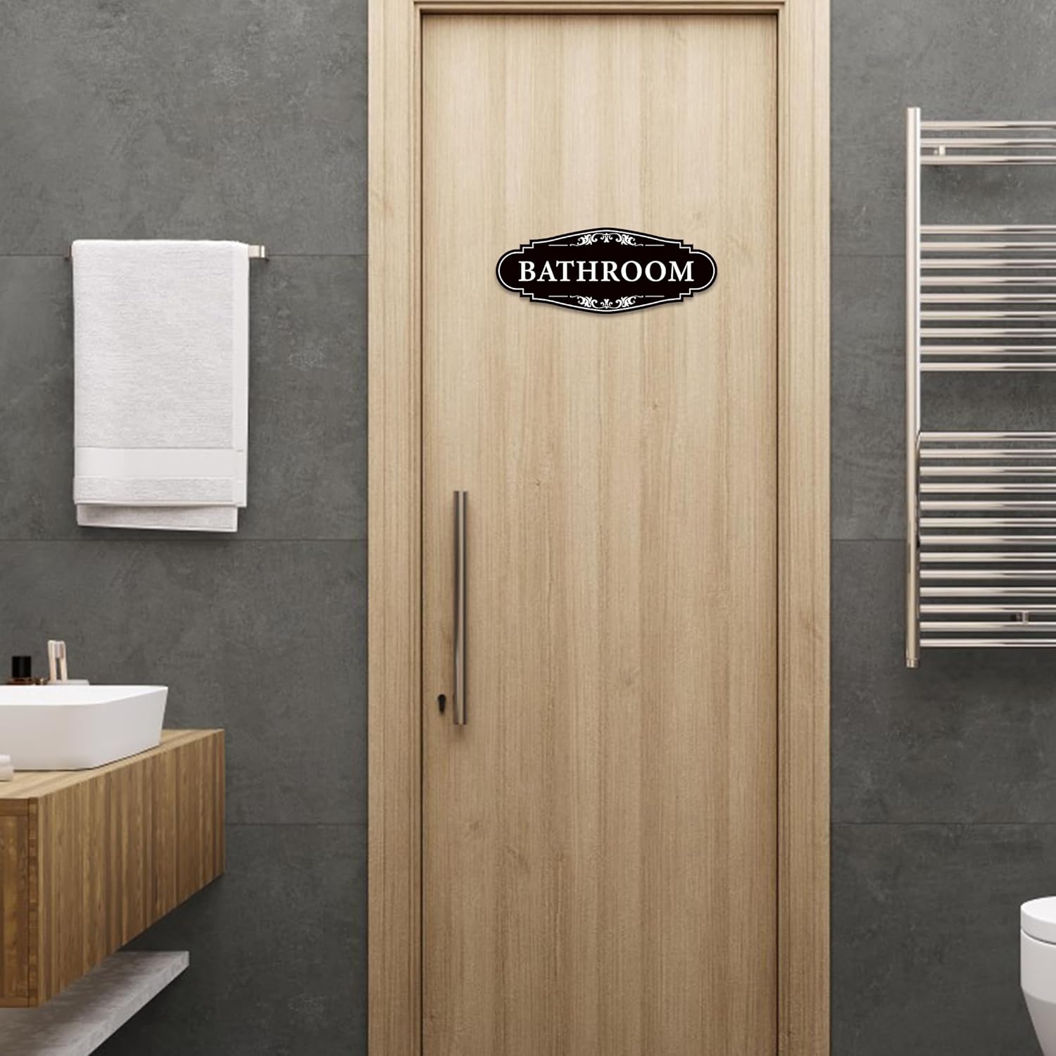 Bathroom Sign Sticker Black 10x45 Inches