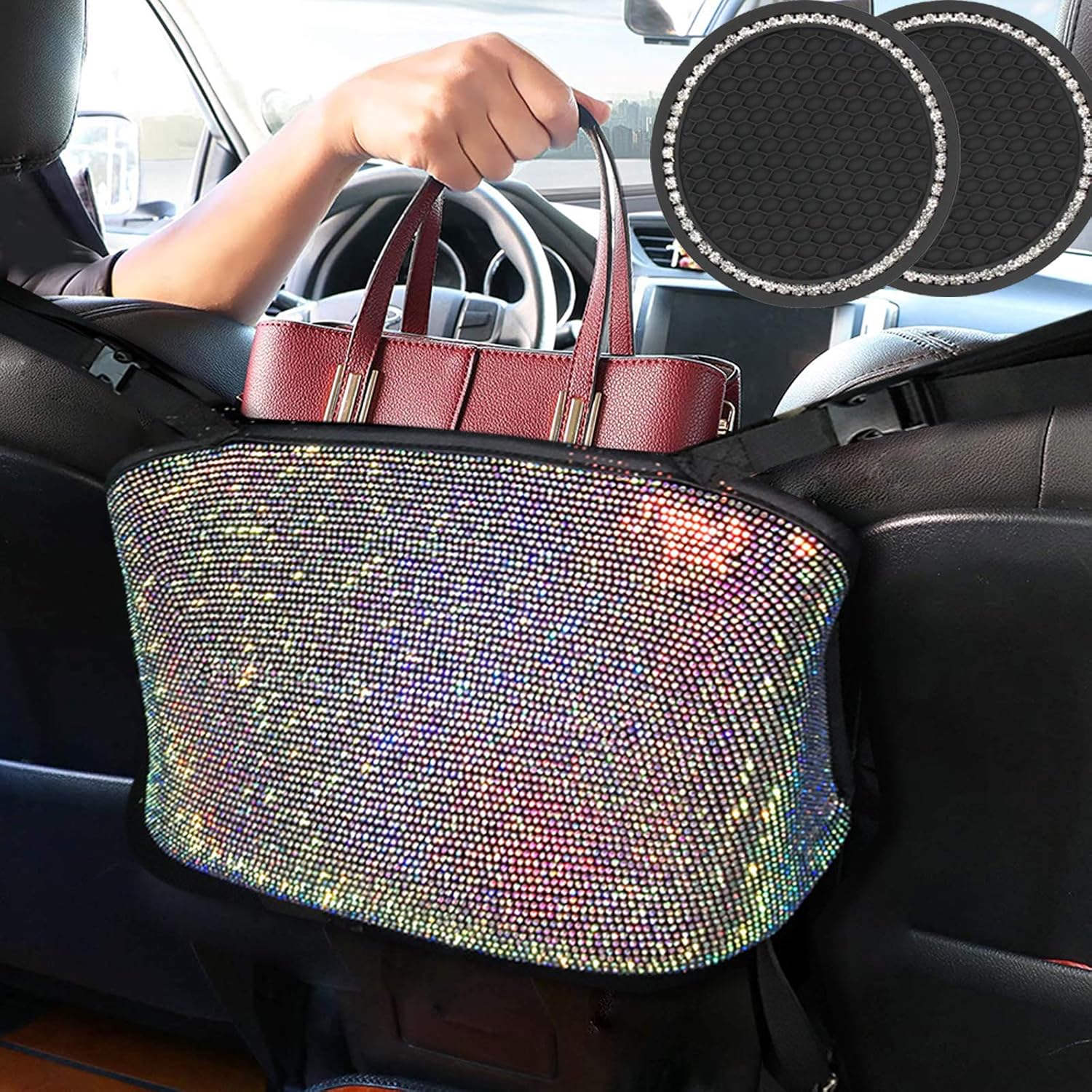 3 Pack Bling Car Seat Organizer with Cup Holder