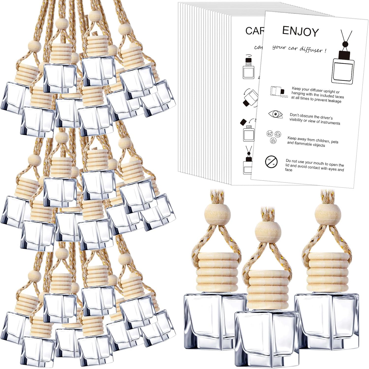 100pcs Clear Glass Car Diffuser Bottles with Lanyard and Instruction Cards