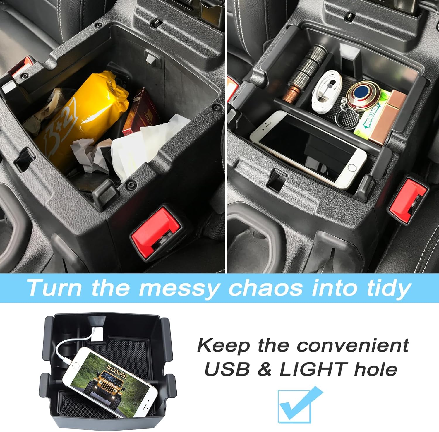 3PCS Center Console Organizer Tray for Wrangler and Gladiator 2018-2024