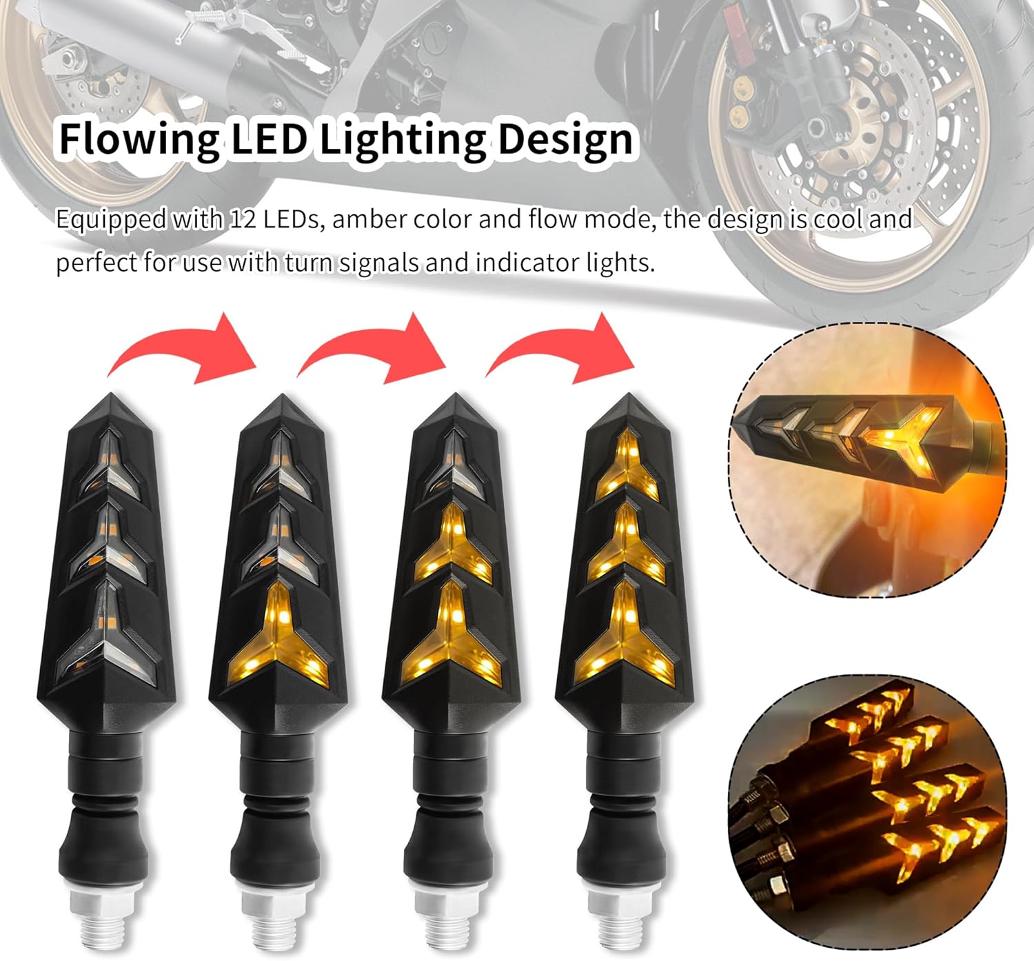 4PCS Motorcycle Turn Signal Kit with Amber LED Lights