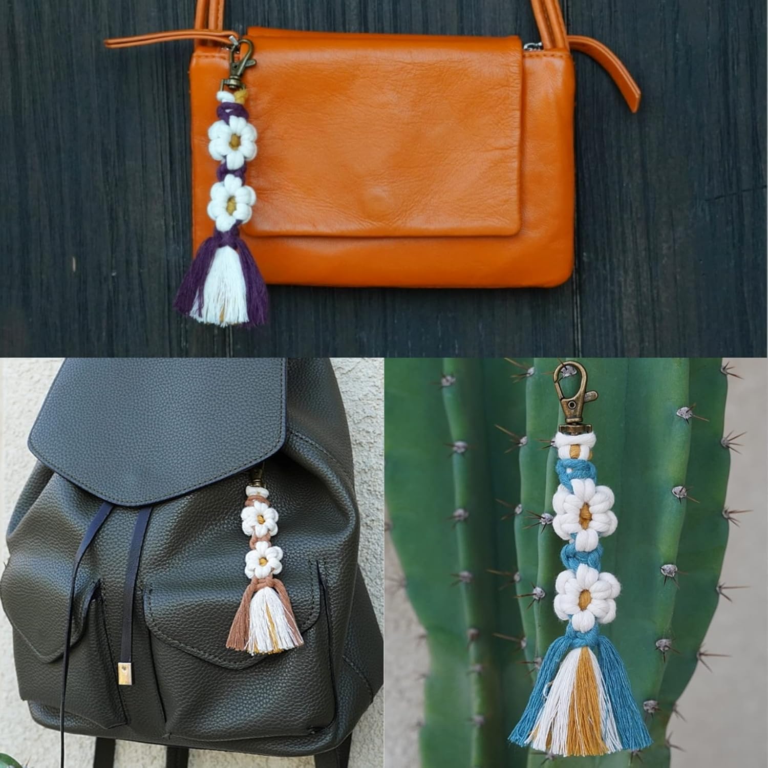 Macrame Daisy Flower Keychain Boho Handmade