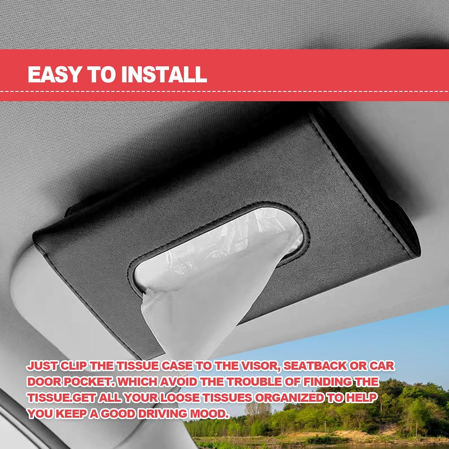 Car Tissue Holder with Mask Clip Visor Mount Black