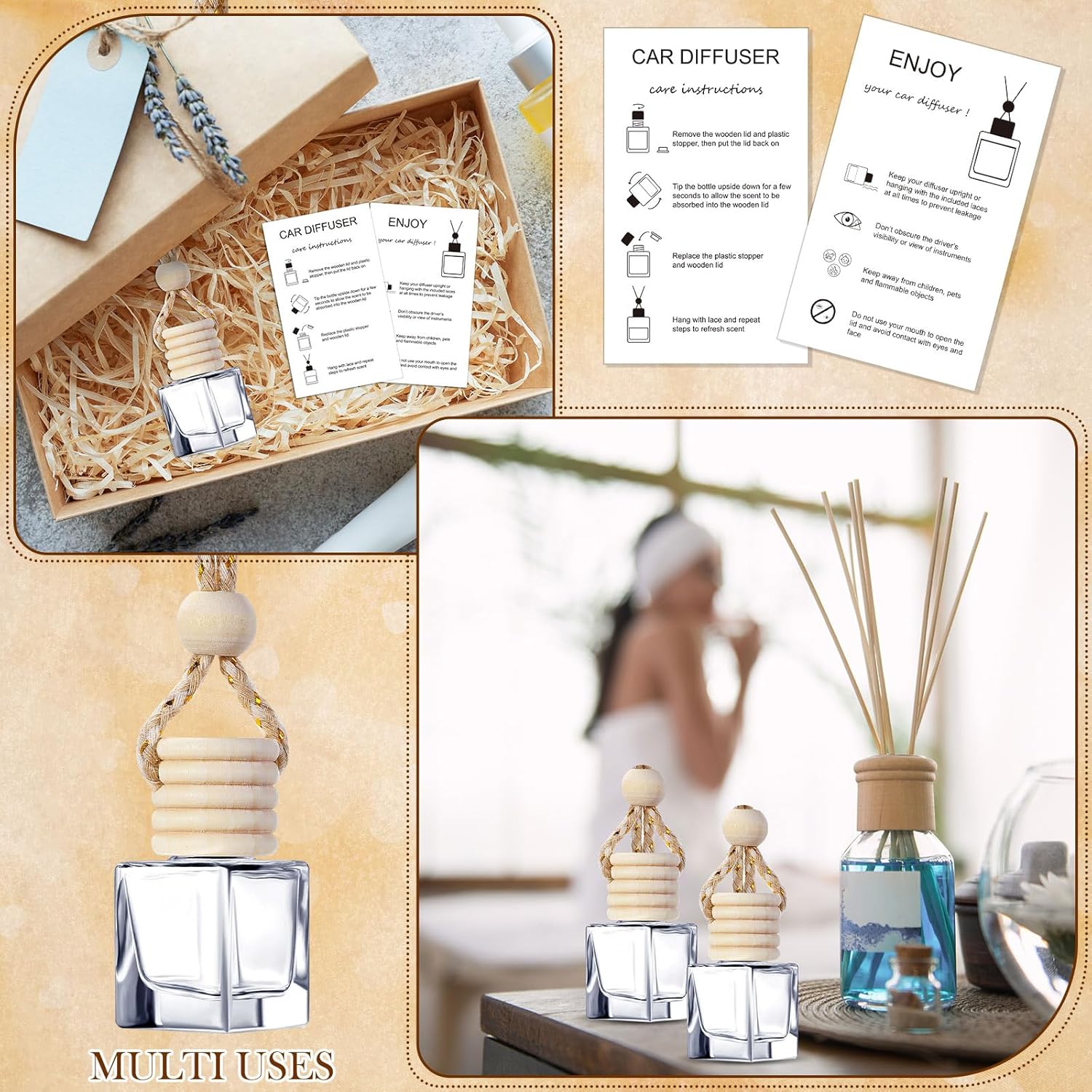 100pcs Clear Glass Car Diffuser Bottles with Lanyard and Instruction Cards